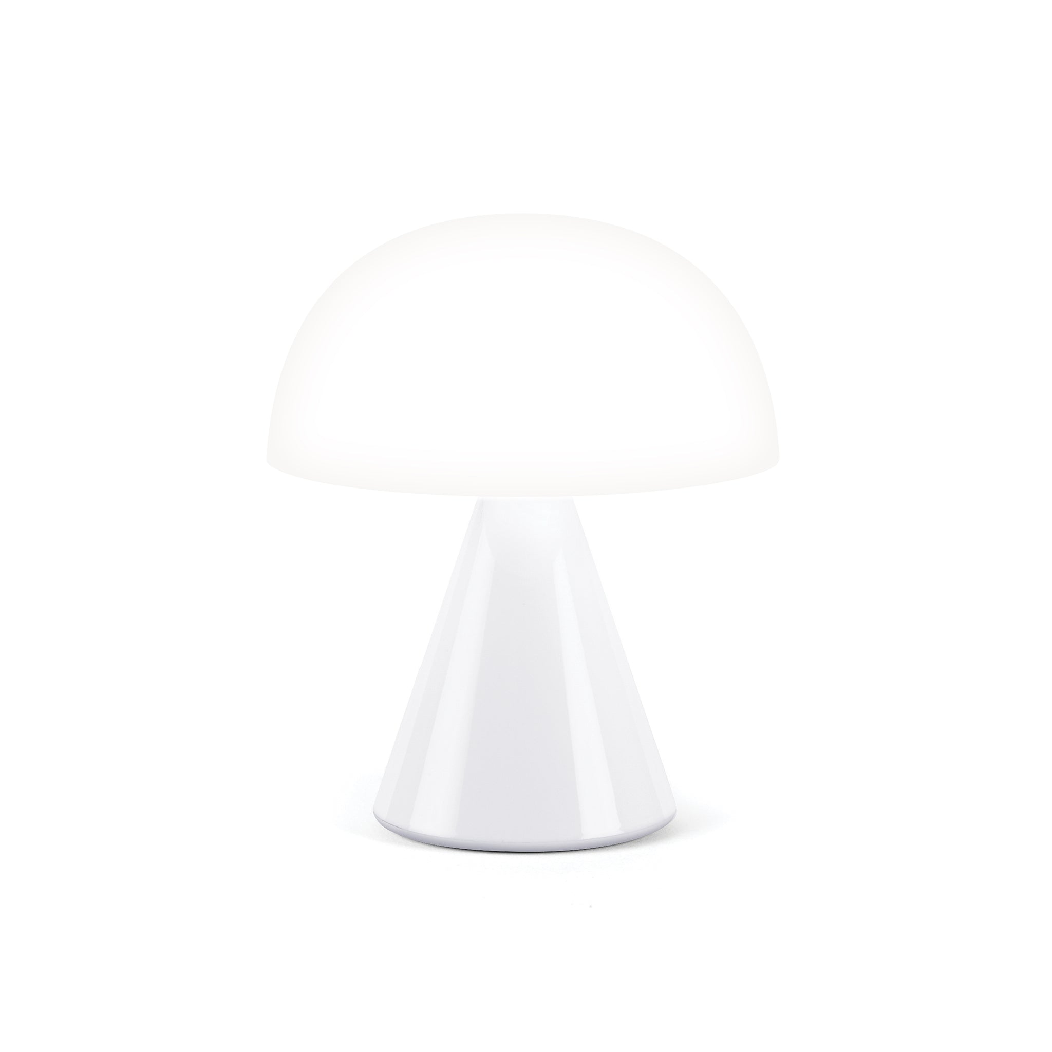 Lexon Mina Medium Glossy White│Oplaadbare LED-Lamp│art. LH64WG│vooraanzicht met wit licht aan
