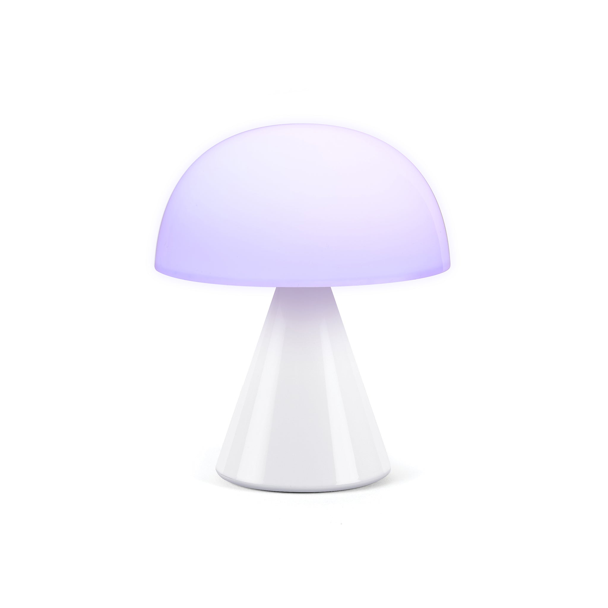 Lexon Mina Medium Glossy White│Oplaadbare LED-Lamp│art. LH64WG│vooraanzicht met paars licht aan