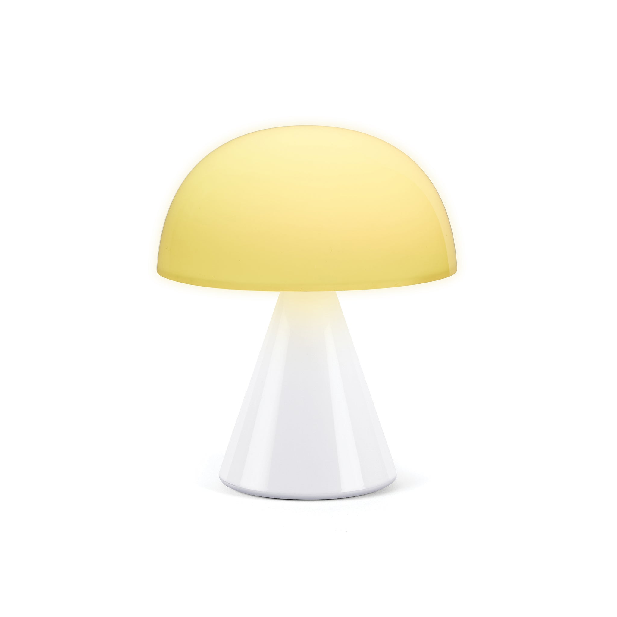 Lexon Mina Medium Glossy White│Oplaadbare LED-Lamp│art. LH64WG│vooraanzicht met geel licht aan