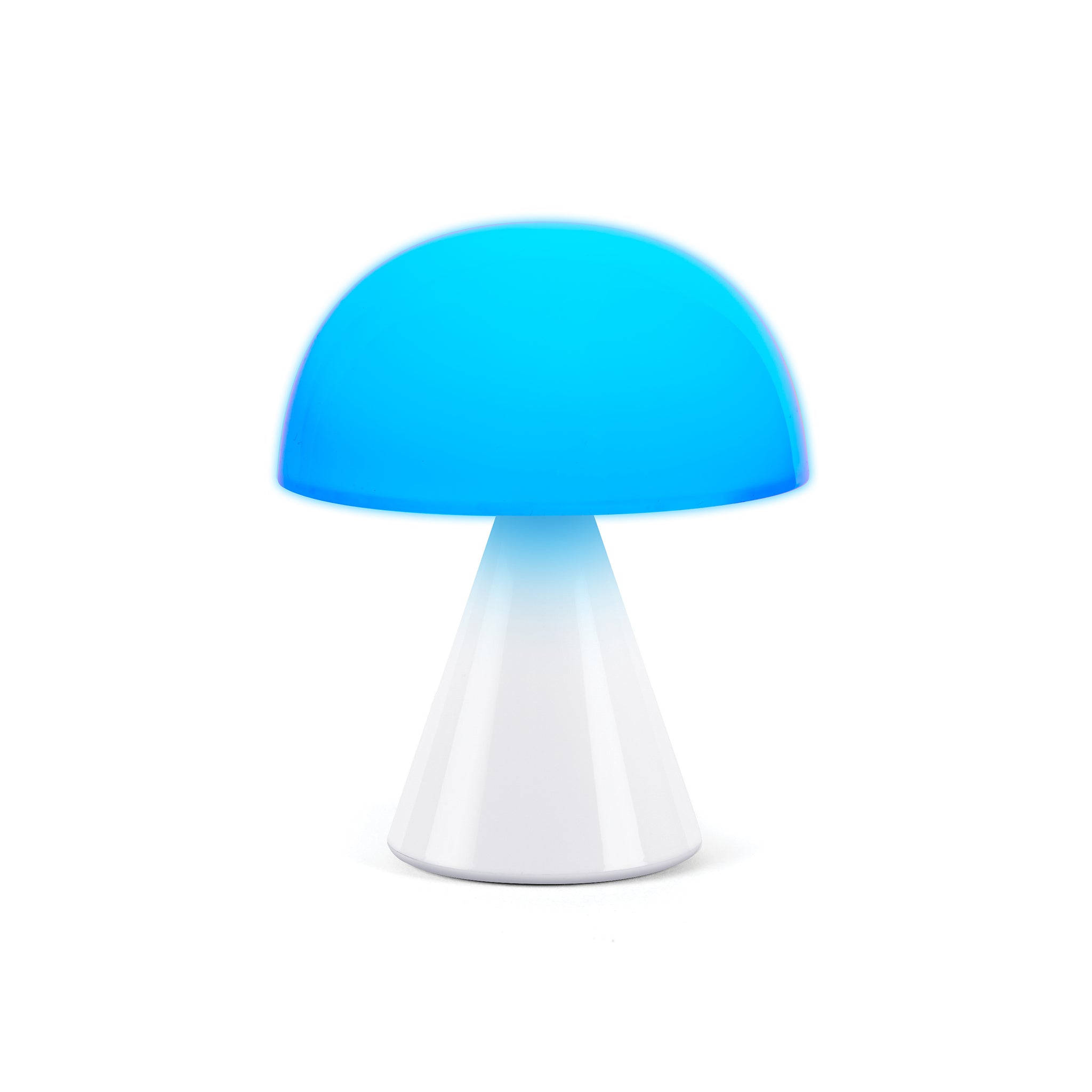 Lexon Mina Medium Glossy White│Oplaadbare LED-Lamp│art. LH64WG│vooraanzicht met blauw licht aan