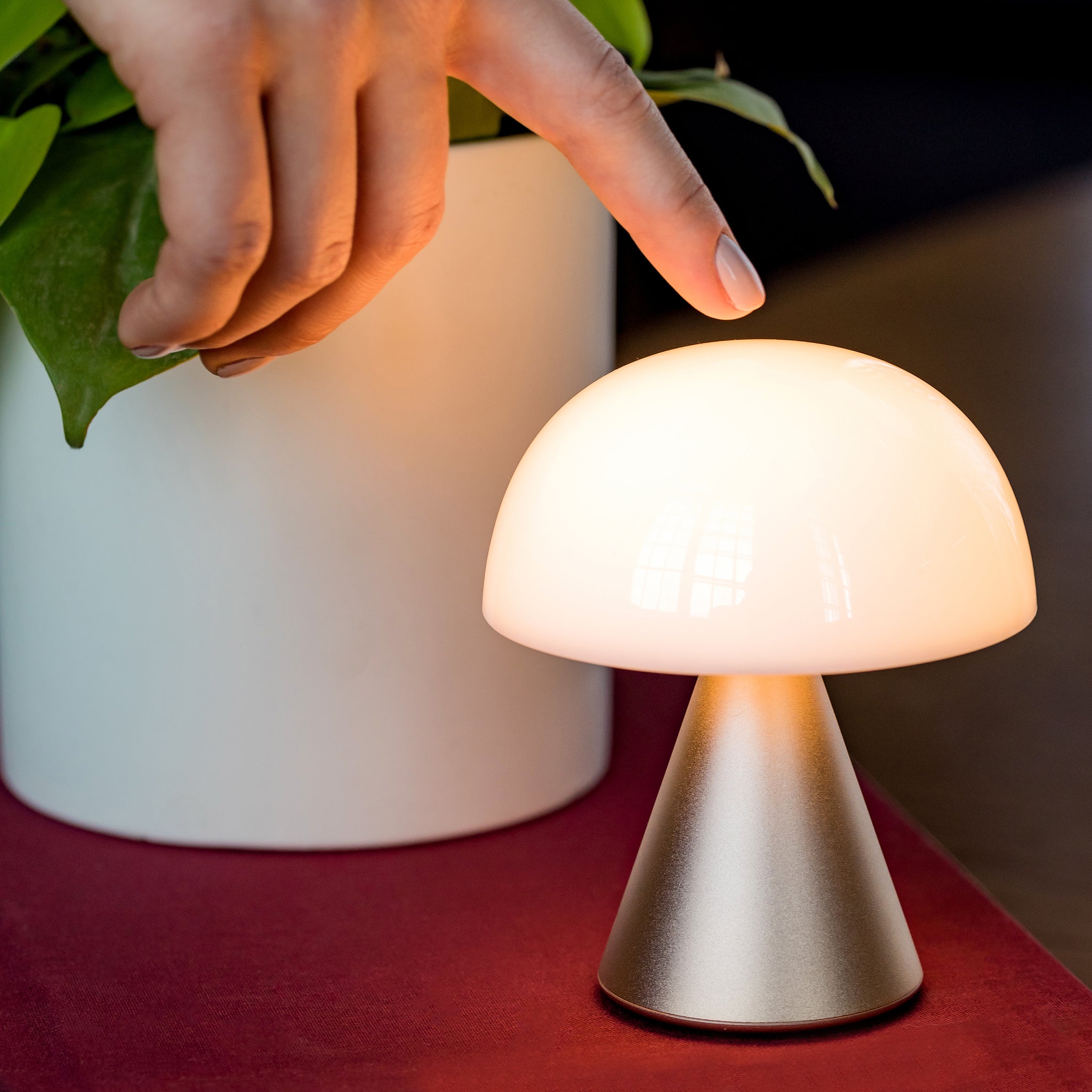 Lexon Mina Goud│Oplaadbare LED-Lamp│art. LH64MD│naast plantenpot met hand voor bediening