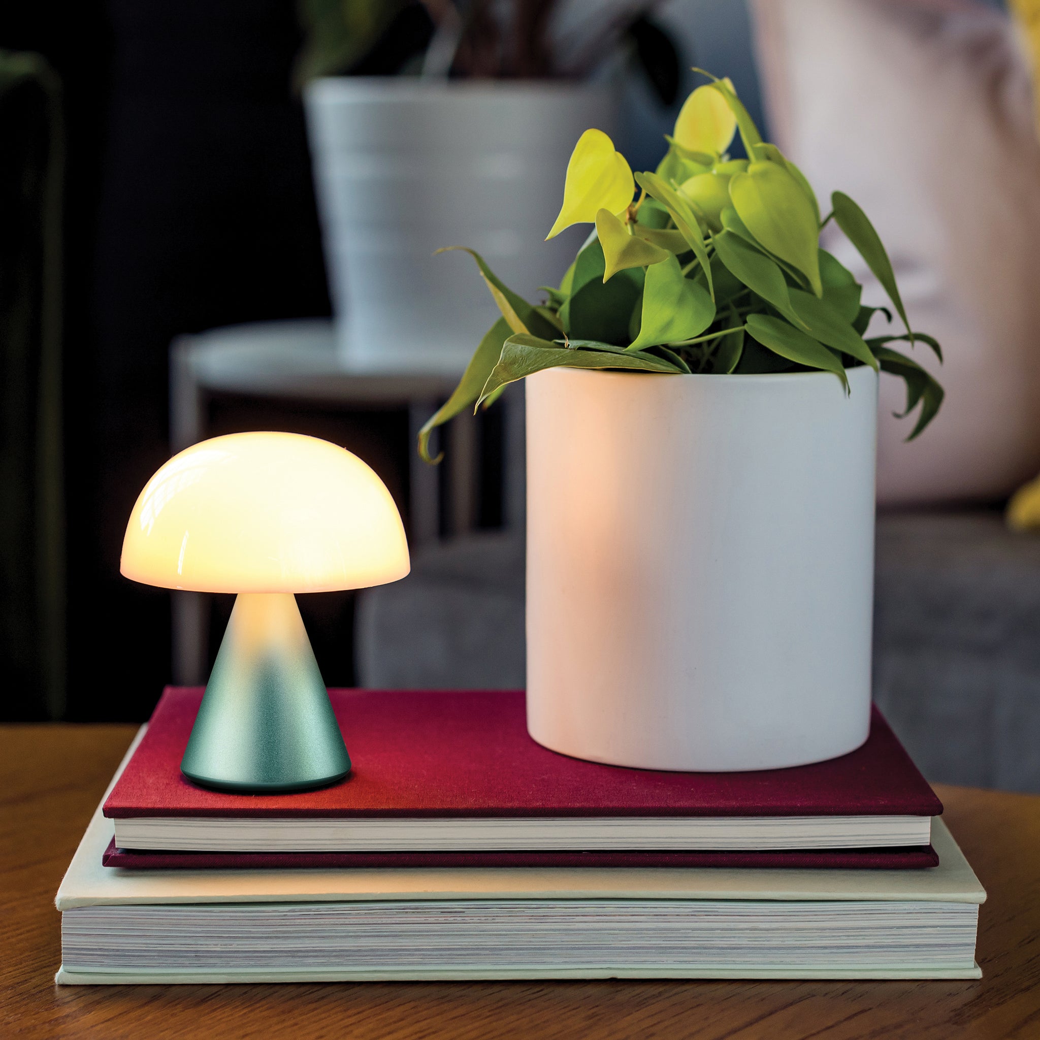 Lexon Mina Medium Mint Groen│LH64M1│Oplaadbare LED-Lamp│op boeken naast plant