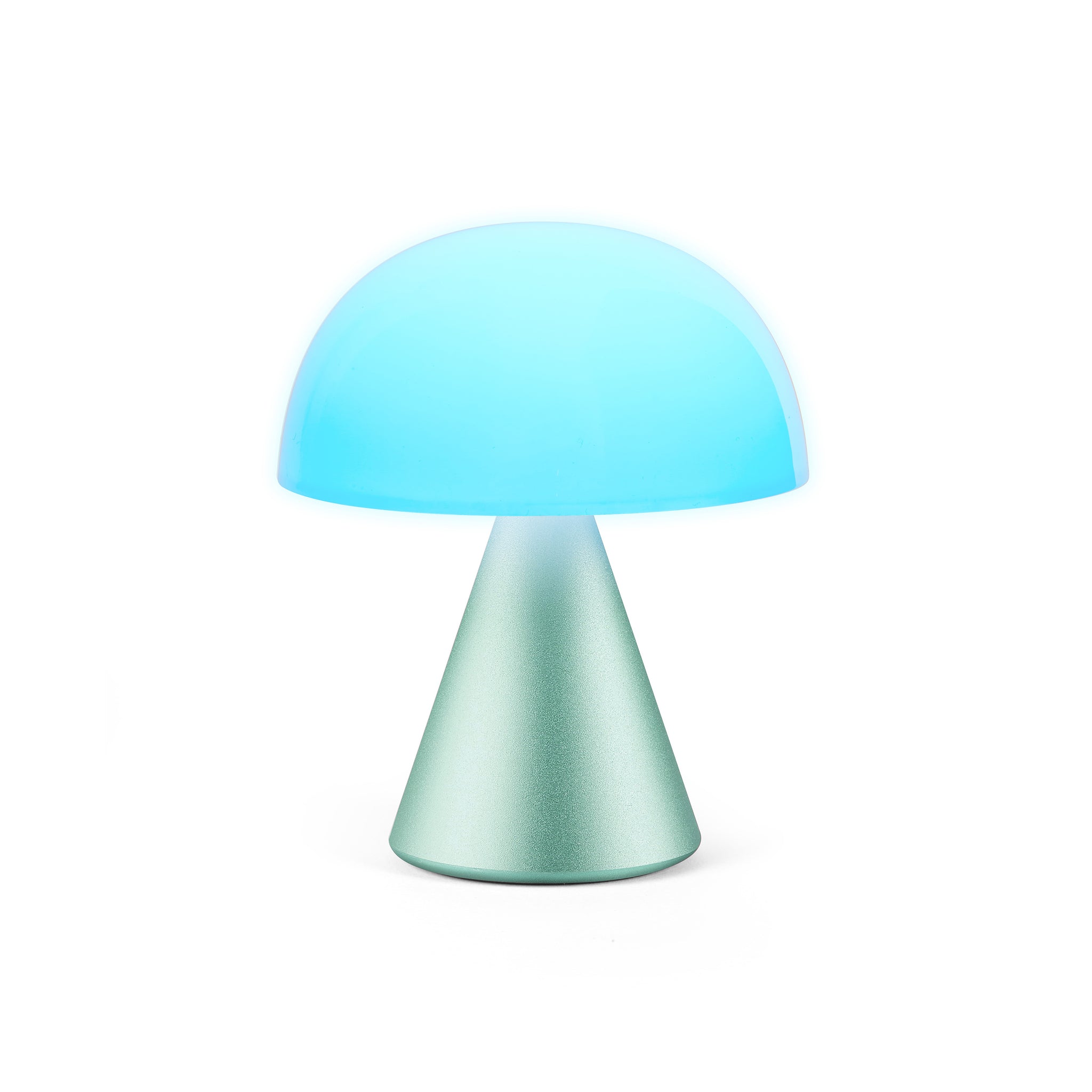 Lexon Mina Medium Mint Groen│LH64M1│Oplaadbare LED-Lamp│vooraanzicht met blauw licht aan
