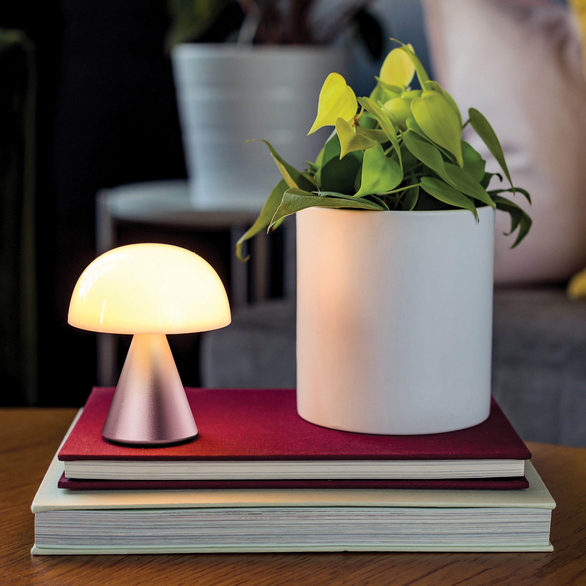 Lexon Mina Medium Roze│Oplaadbare LED-lamp│art. LH64MLP│op boeken naast plant