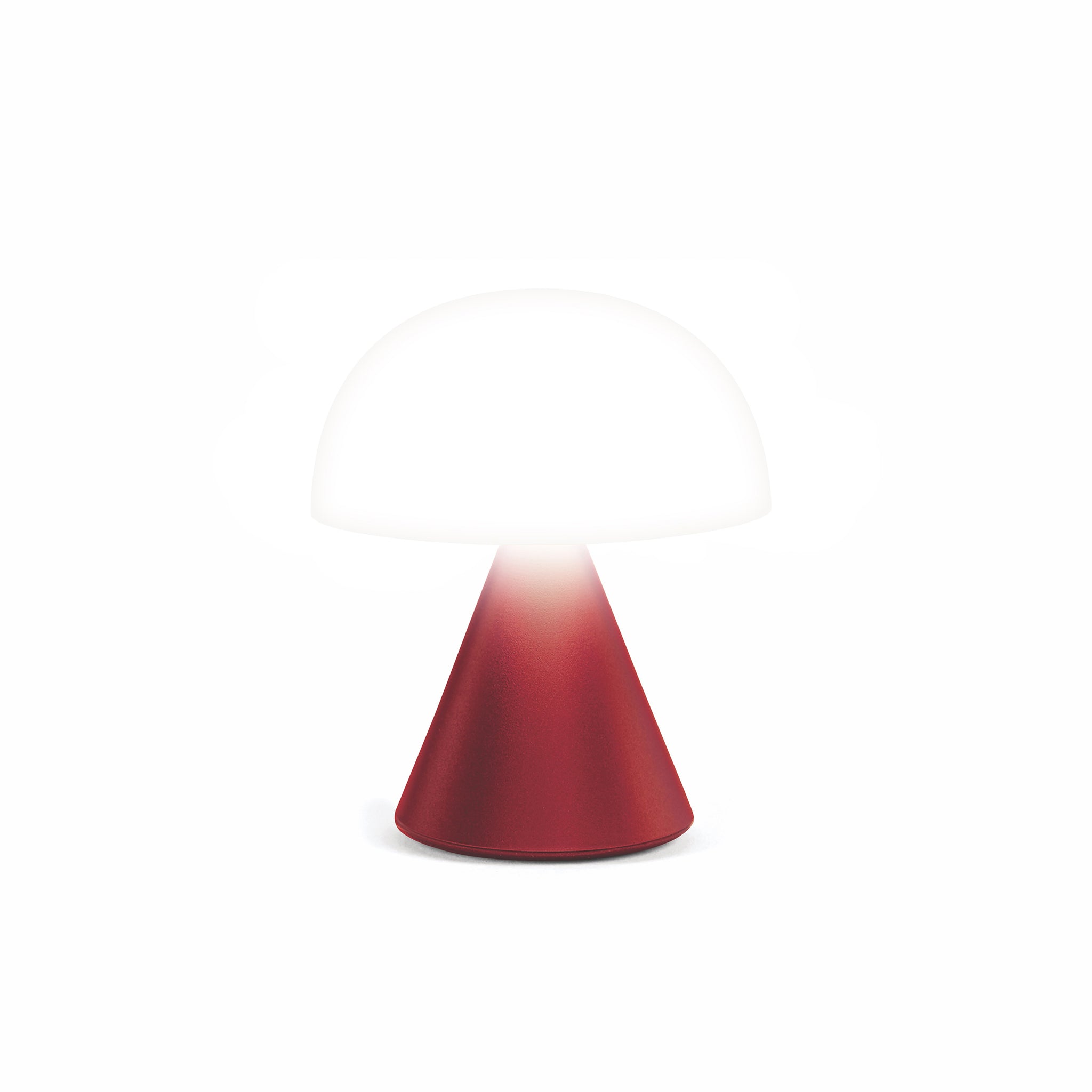 Lexon Mina Small Donkerrood│Oplaadbare LED-Lamp│art. LH60DR│vooranzicht met wit licht aan