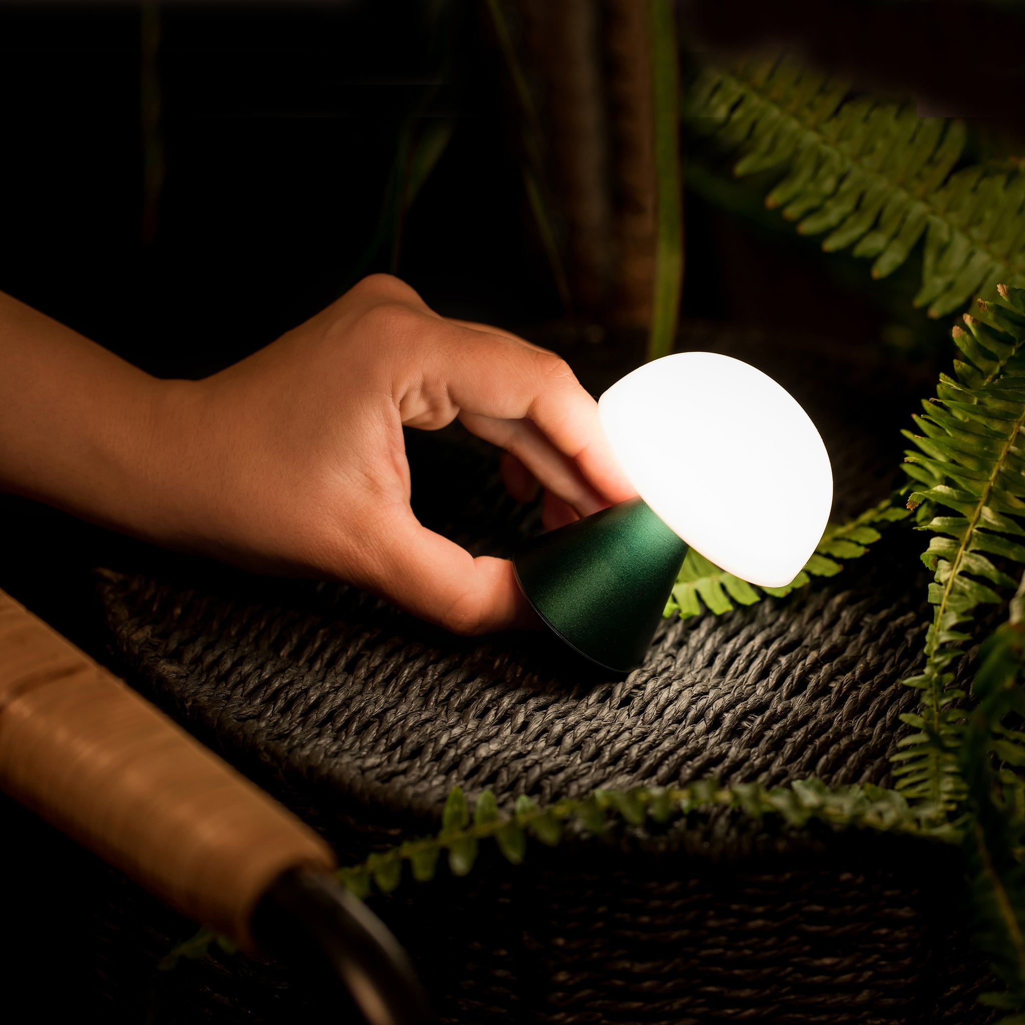 Lexon Mina Small Oplaadbare LED-Lamp Donkergroen│art. LH60DG1│bediening aan onderzijde met licht aan