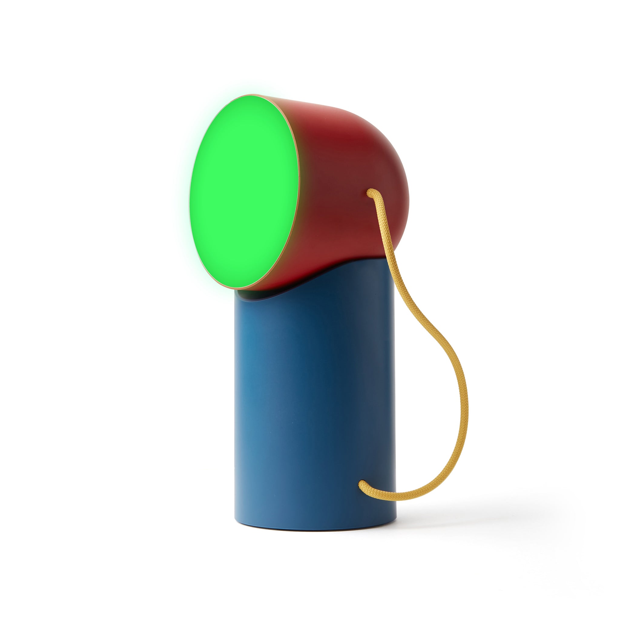 Lexon Orbe Duck Blue&Red│Oplaadbare Tafellamp│art. LH88DRY│vooraanzicht met groen licht aan