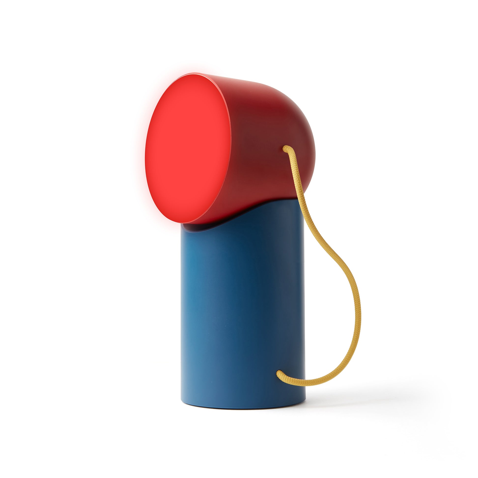 Lexon Orbe Duck Blue&Red│Oplaadbare Tafellamp│art. LH88DRY│vooraanzicht met rood licht aan