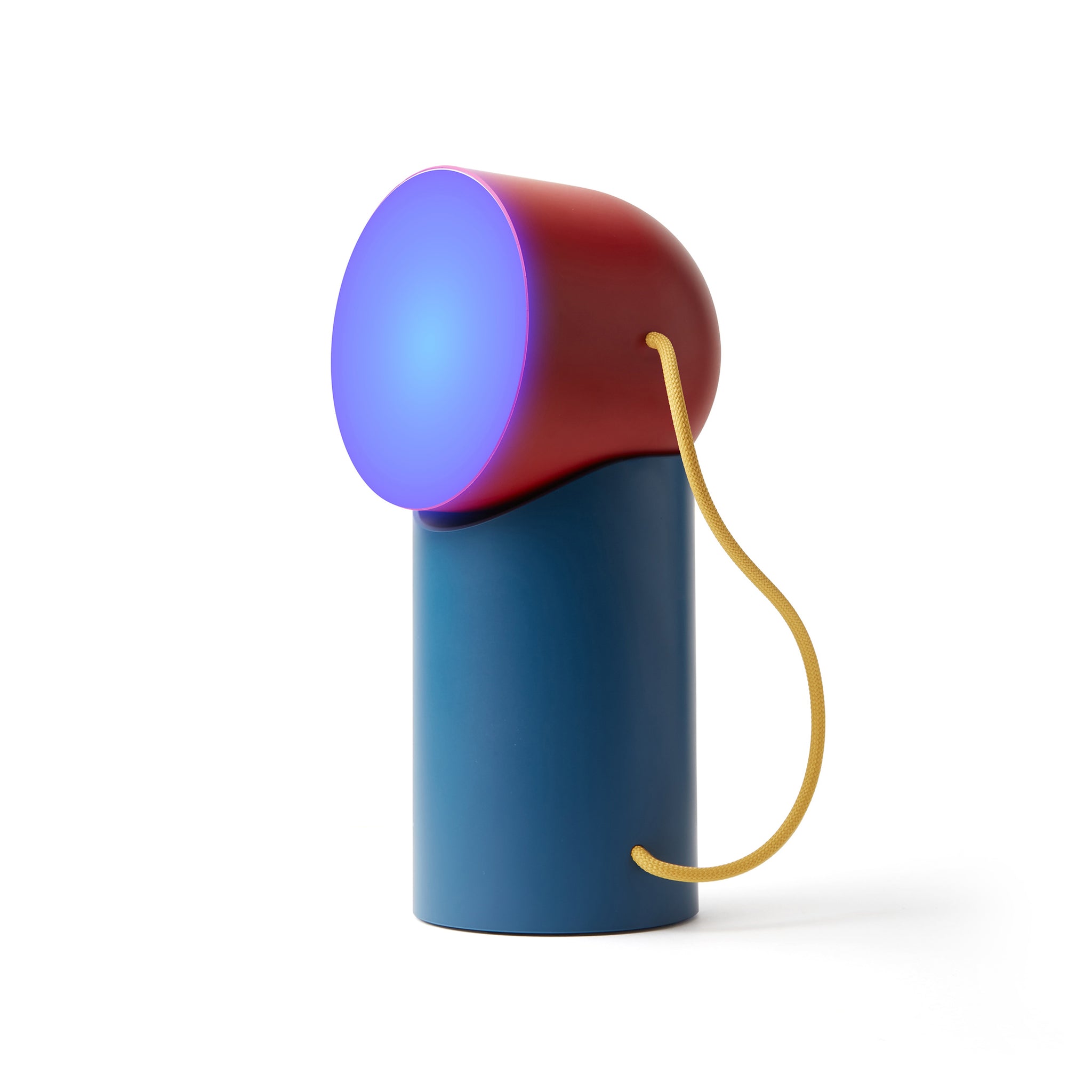 Lexon Orbe Duck Blue&Red│Oplaadbare Tafellamp│art. LH88DRY│vooraanzicht met blauw licht aan
