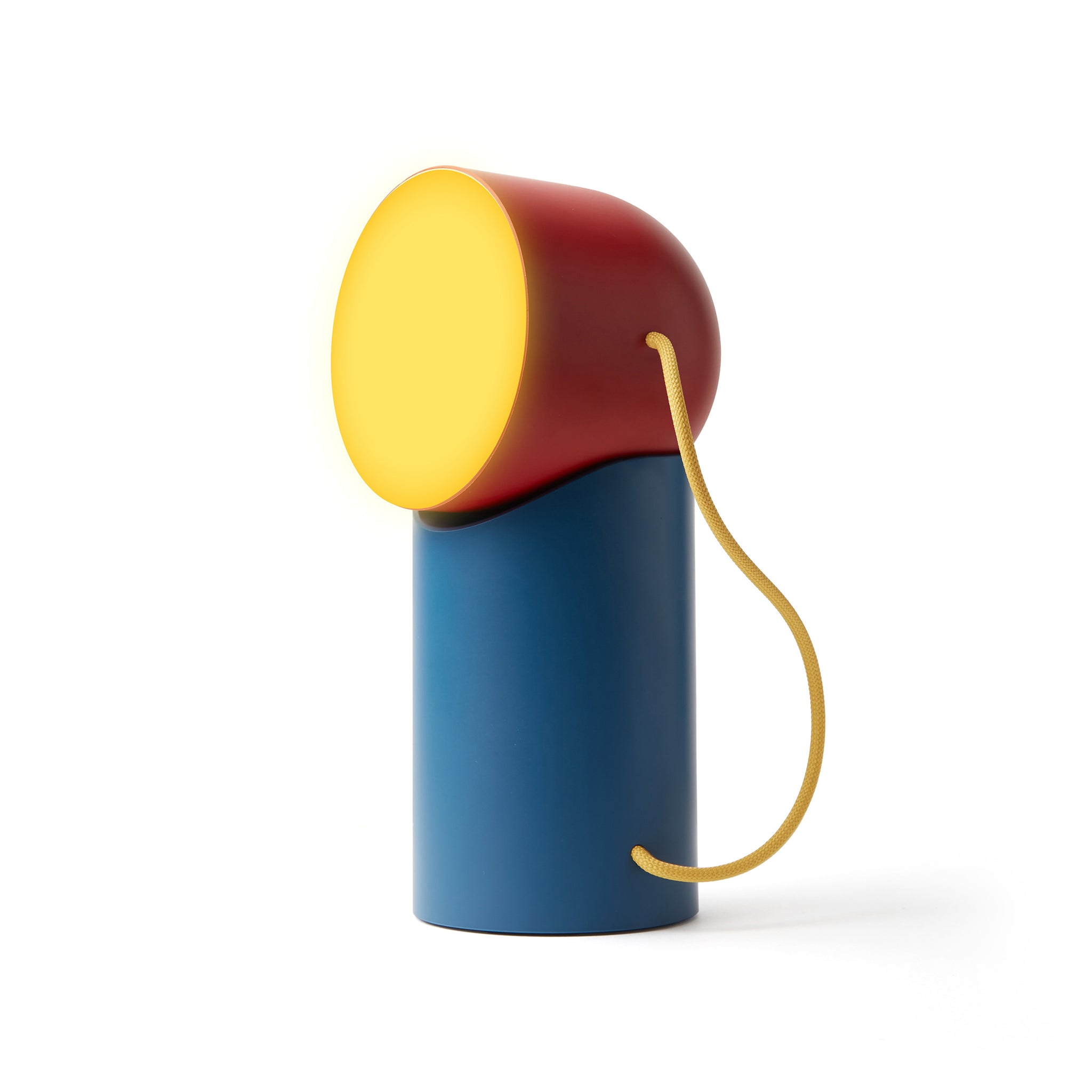 Lexon Orbe Duck Blue&Red│Oplaadbare Tafellamp│art. LH88DRY│vooraanzicht met geel licht aan