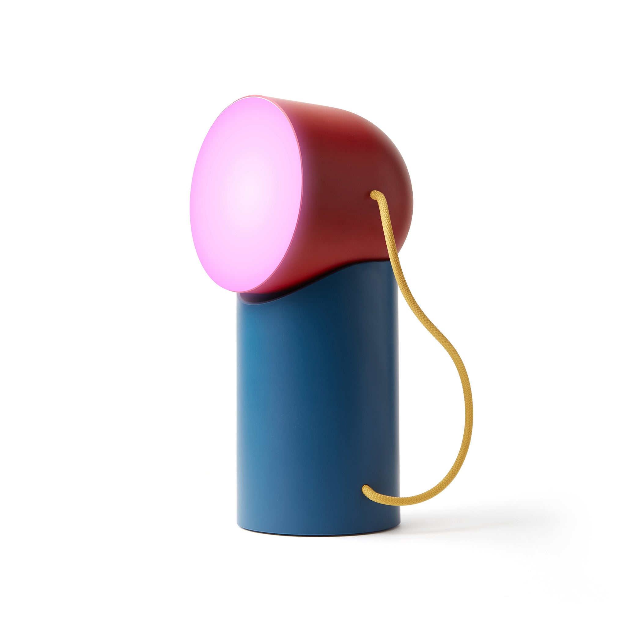 Lexon Orbe Duck Blue&Red│Oplaadbare Tafellamp│art. LH88DRY│vooraanzicht met roze licht aan