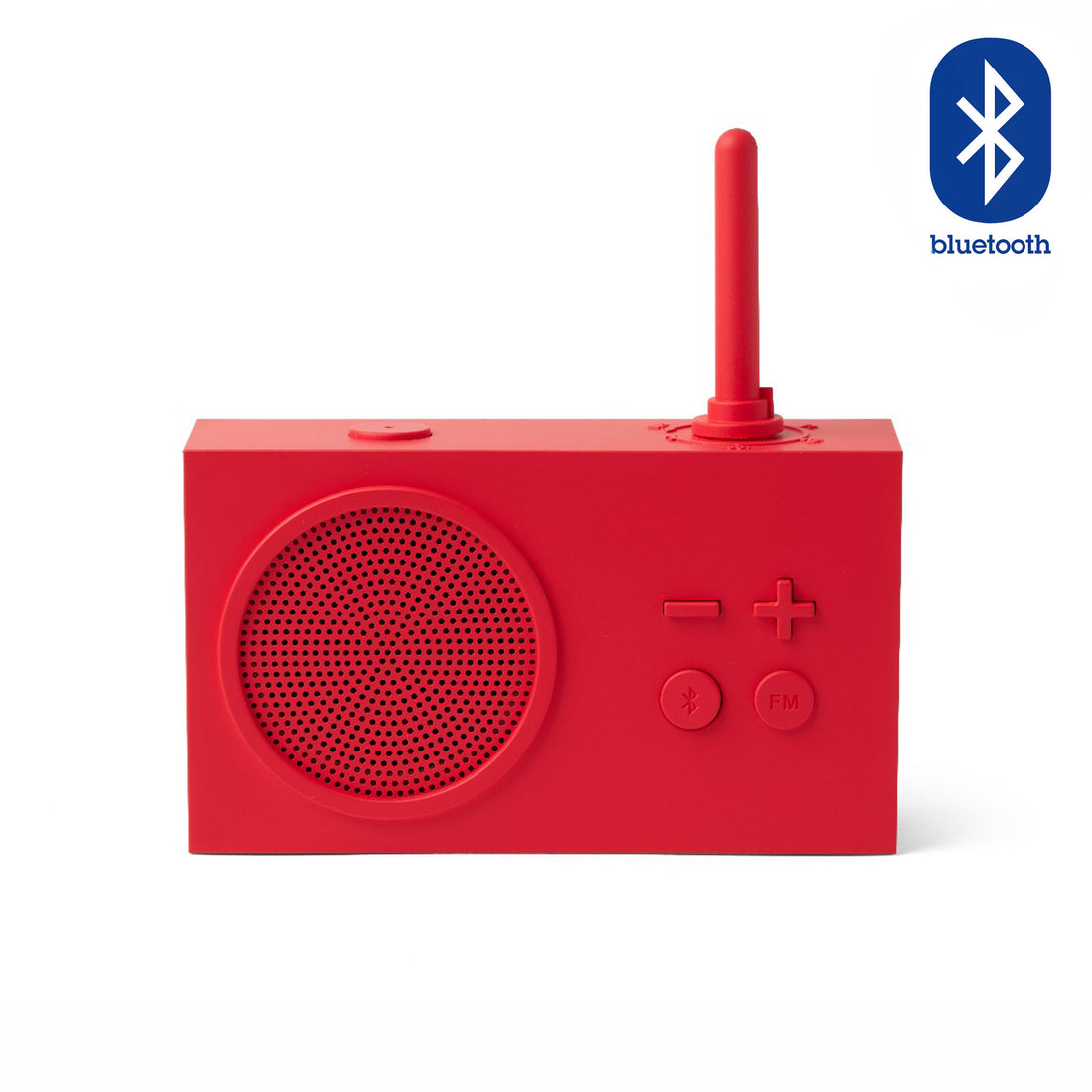 Lexon Tykho 3 Radio & Bluetooth Speaker Donkerrood│art. LA119R4│vooraanzicht met bluetooth teken