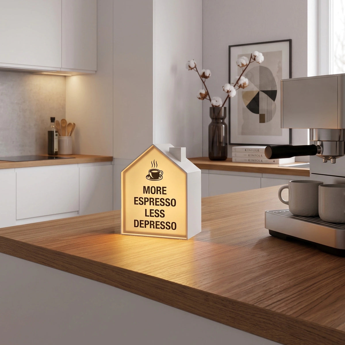 Lumicasa Wit op keukenblok met folie More Espresso Less Depresso