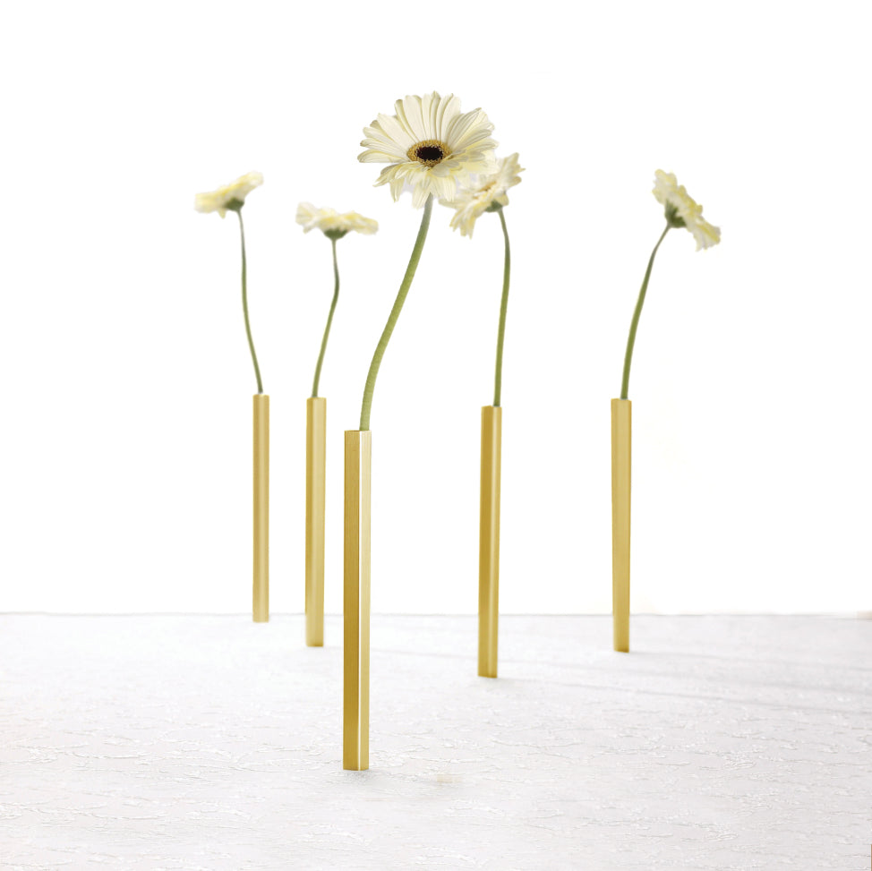 Magnetische Vaas Goud set/5│Peleg Design│art. PE545│met witte bloemen op tafelkleed