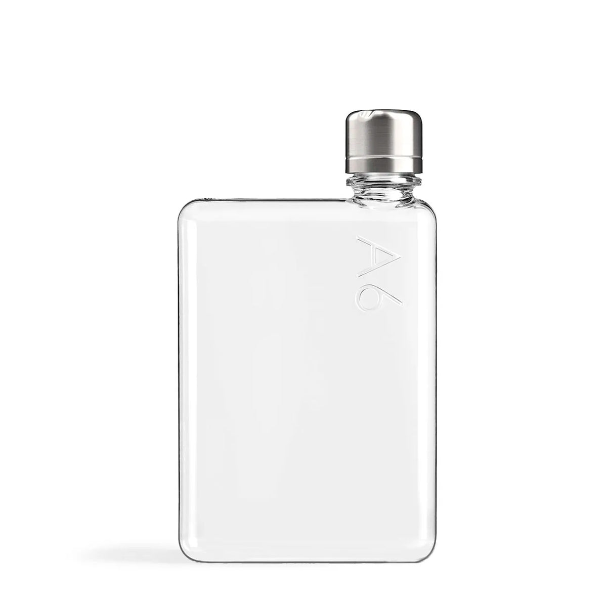 Memobottle A6 flache Trinkflasche in transparent mit Edelstahldeckel, Vorderansicht