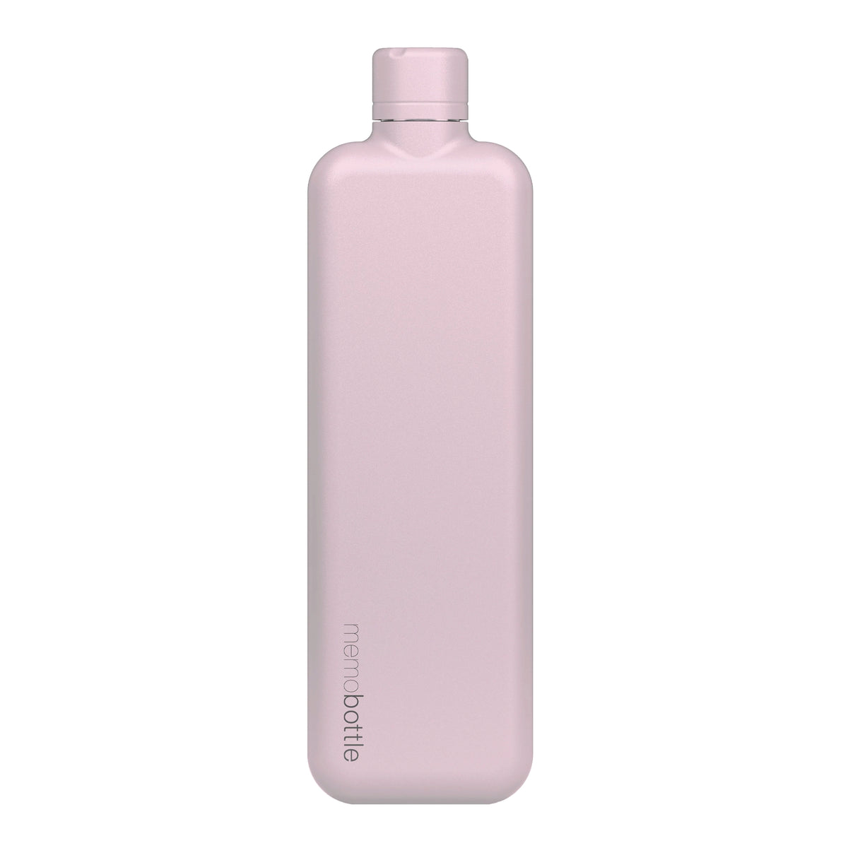 Memobottle Slim flat stainless steel water bottle in pink, front view on a white background.