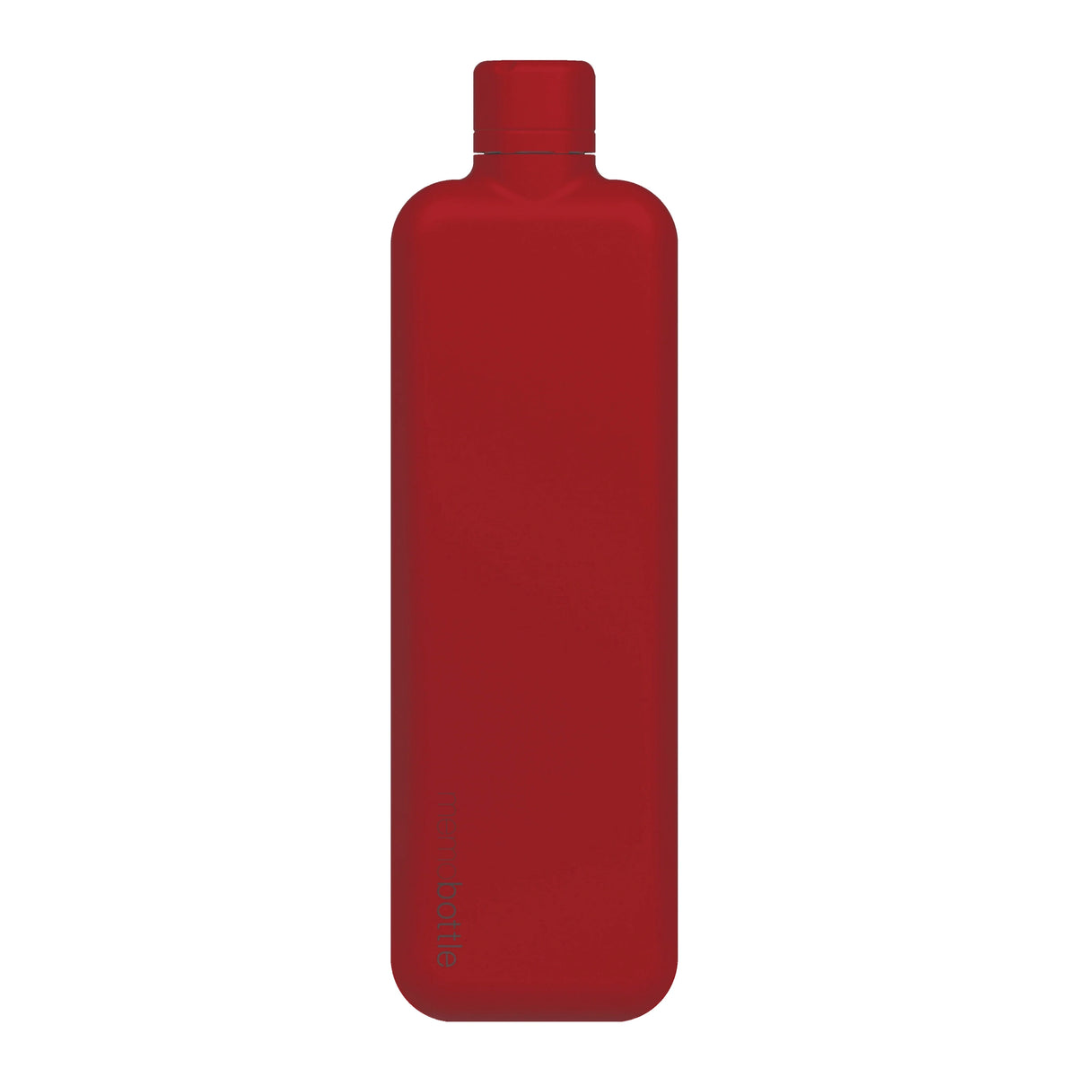 Memobottle Slim platte waterfles van RVS in rood, vooraanzicht op witte achtergrond.
