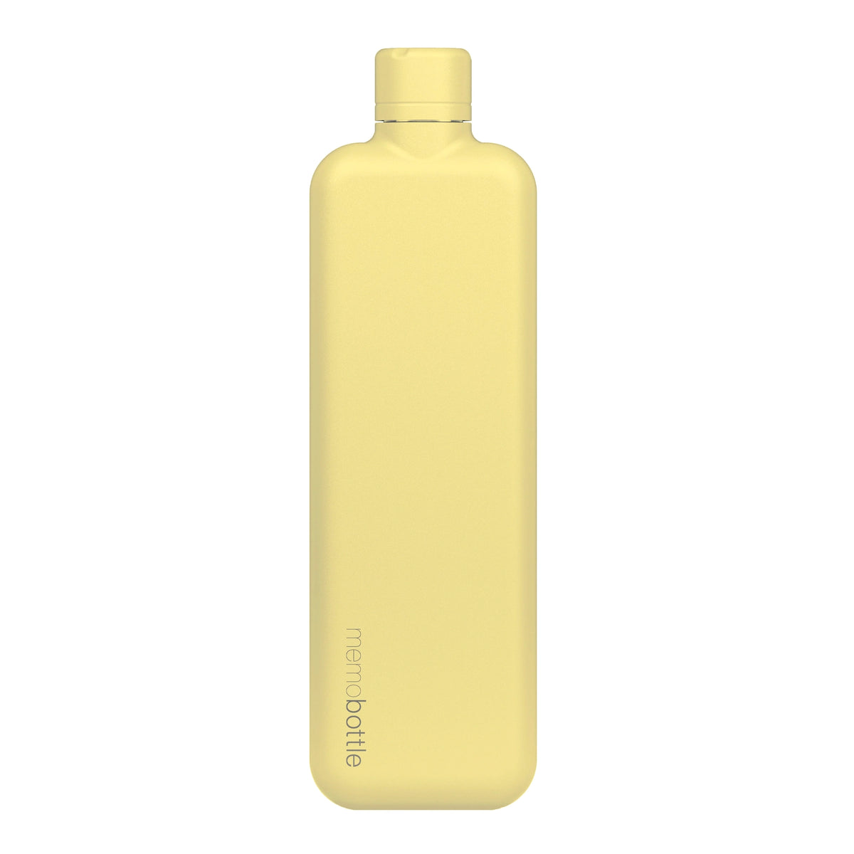 Memobottle Slim flat stainless steel water bottle in yellow, front view on a white background.