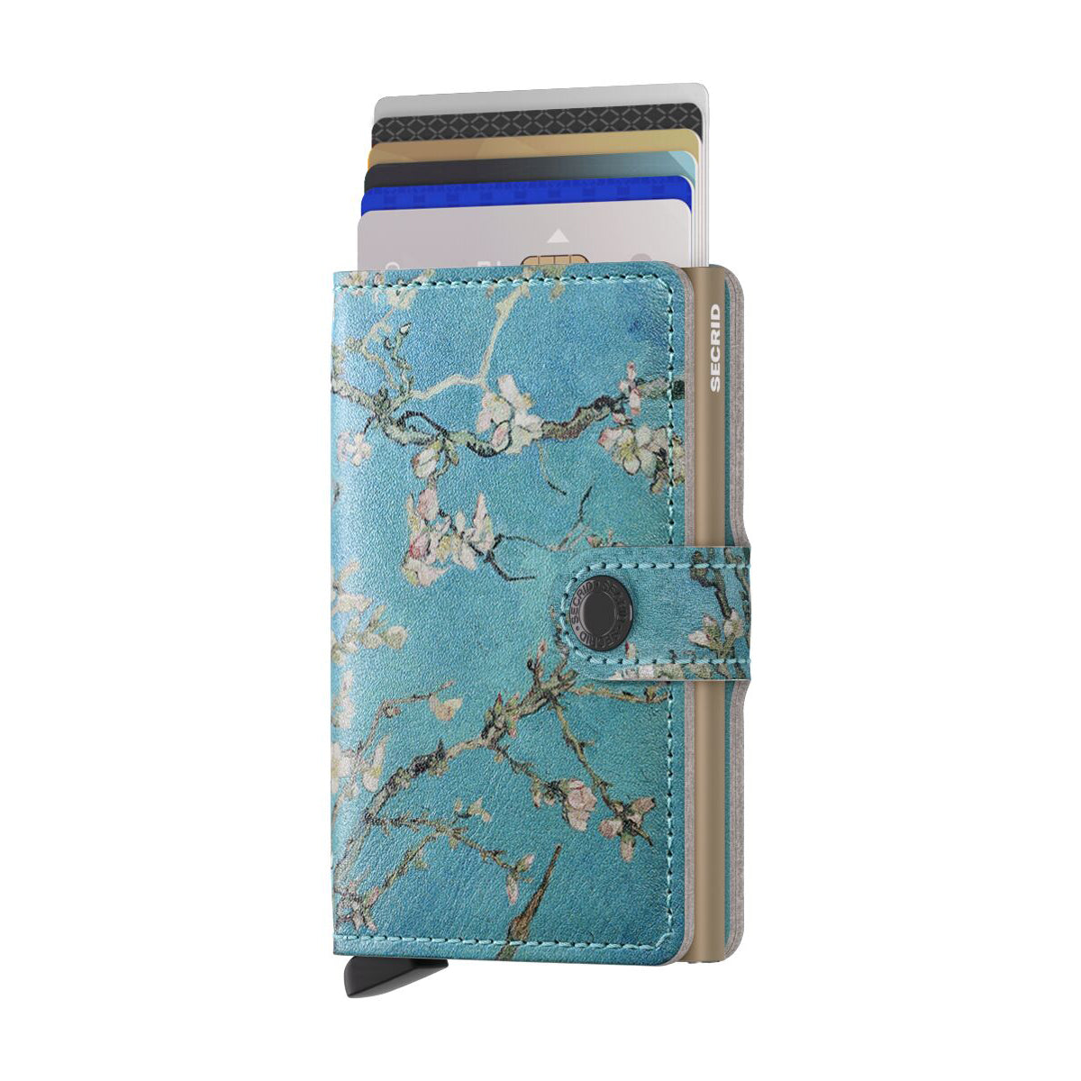 Secrid Miniwallet Art Collection│art. MAR-ALMOND BLOSSOM│vooraanzicht met uitgeschoven kaarten
