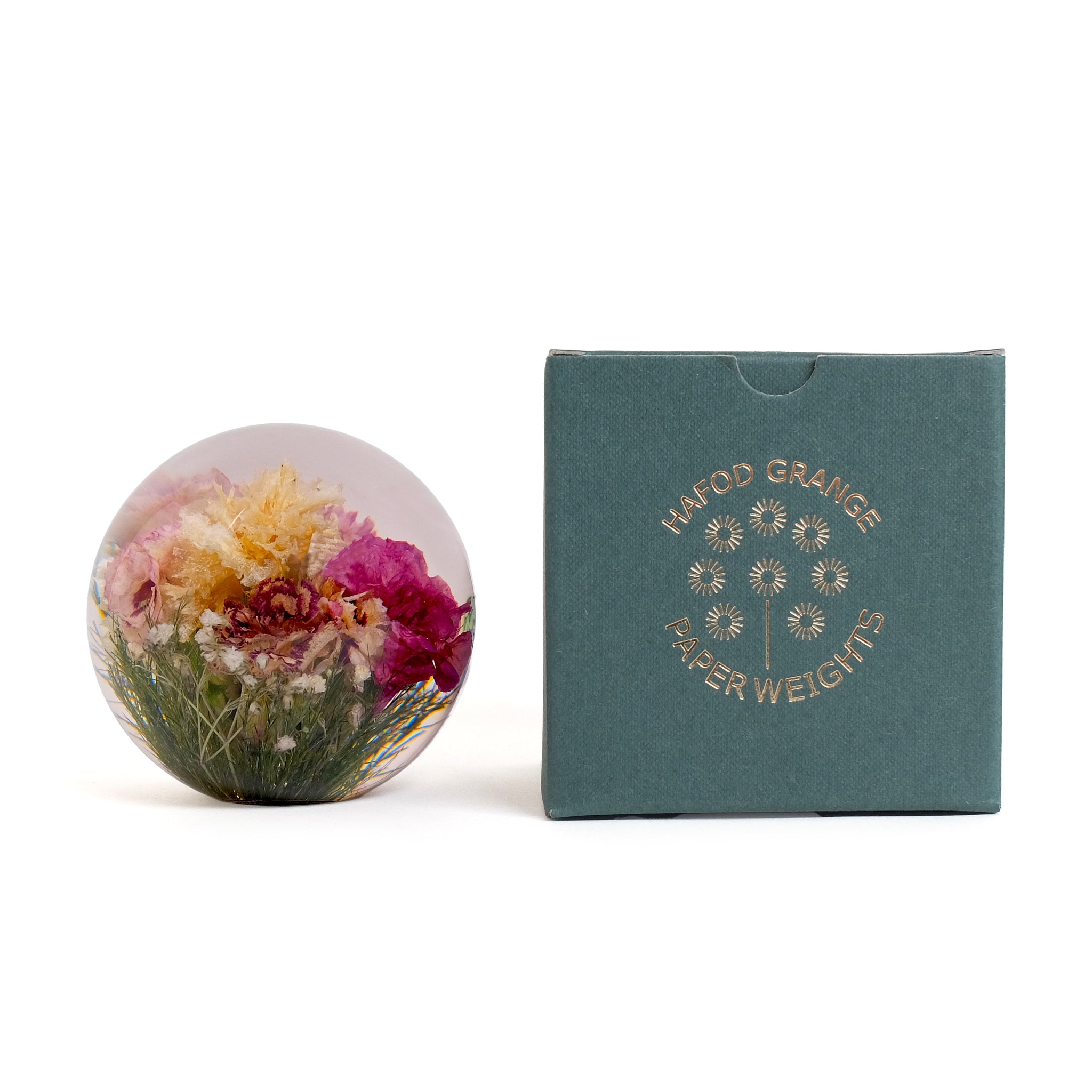 Mixed Flora Paperweight Large│Presse-Papier│Hafod Grange│voorkant naast verpakking