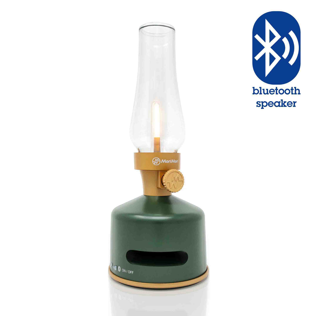 MoriMori LED Lantern & Bluetooth Speaker Original Green│Buitenverlichting Oplaadbaar│art. FLS-2101-DG│voorkant met witte achtergrond en Bluetooth Speaker teken