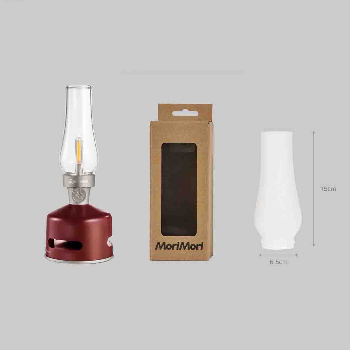 MoriMori LED-Lantern & Bluetooth Speaker Lumi Wine Red│Buitenverlichting│art. FLS-2012-SR│naast los glas met afmetingen