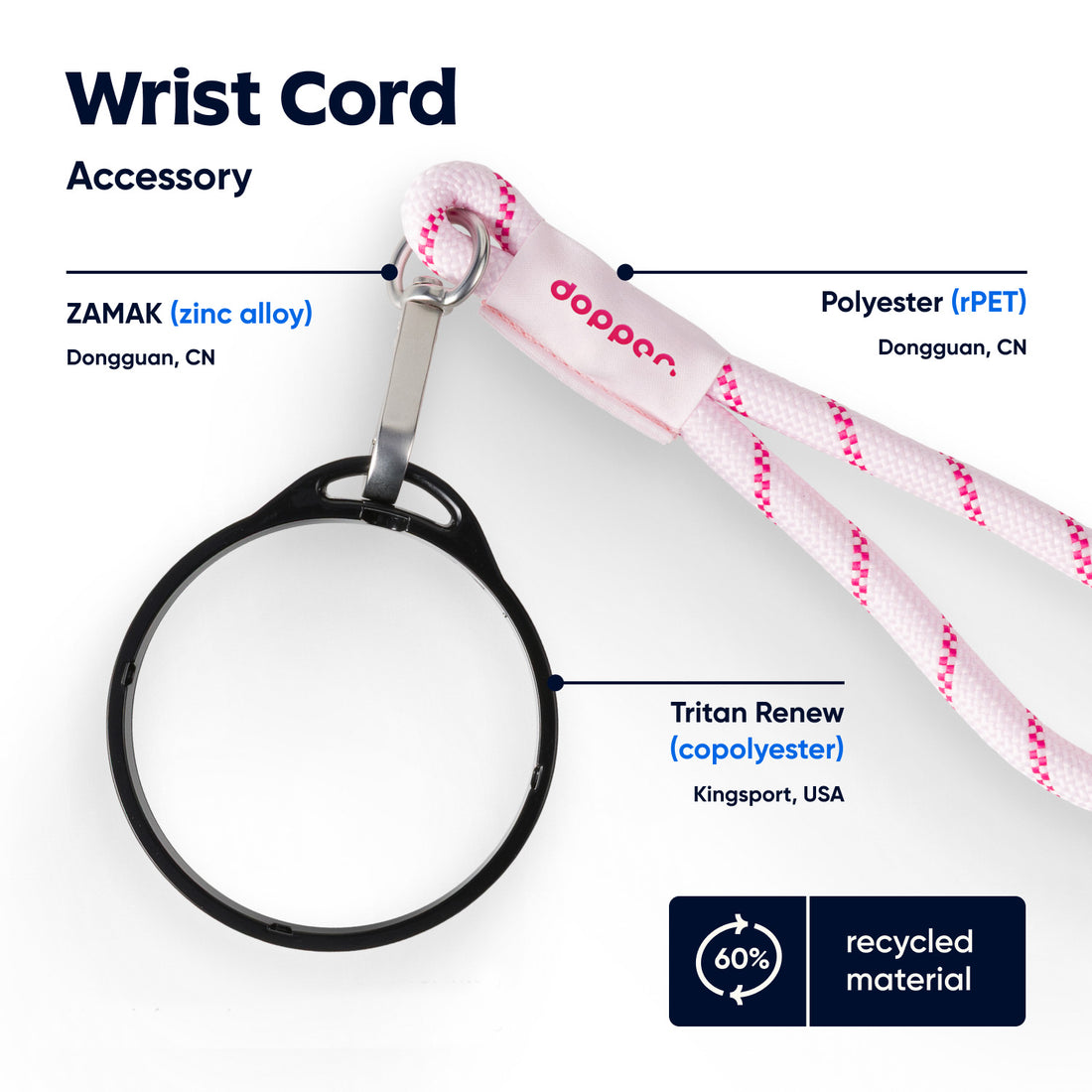 Dopper Wrist Cord for Travel Mug Black & Cherry Pink│vooraanzicht met witte achtergrond