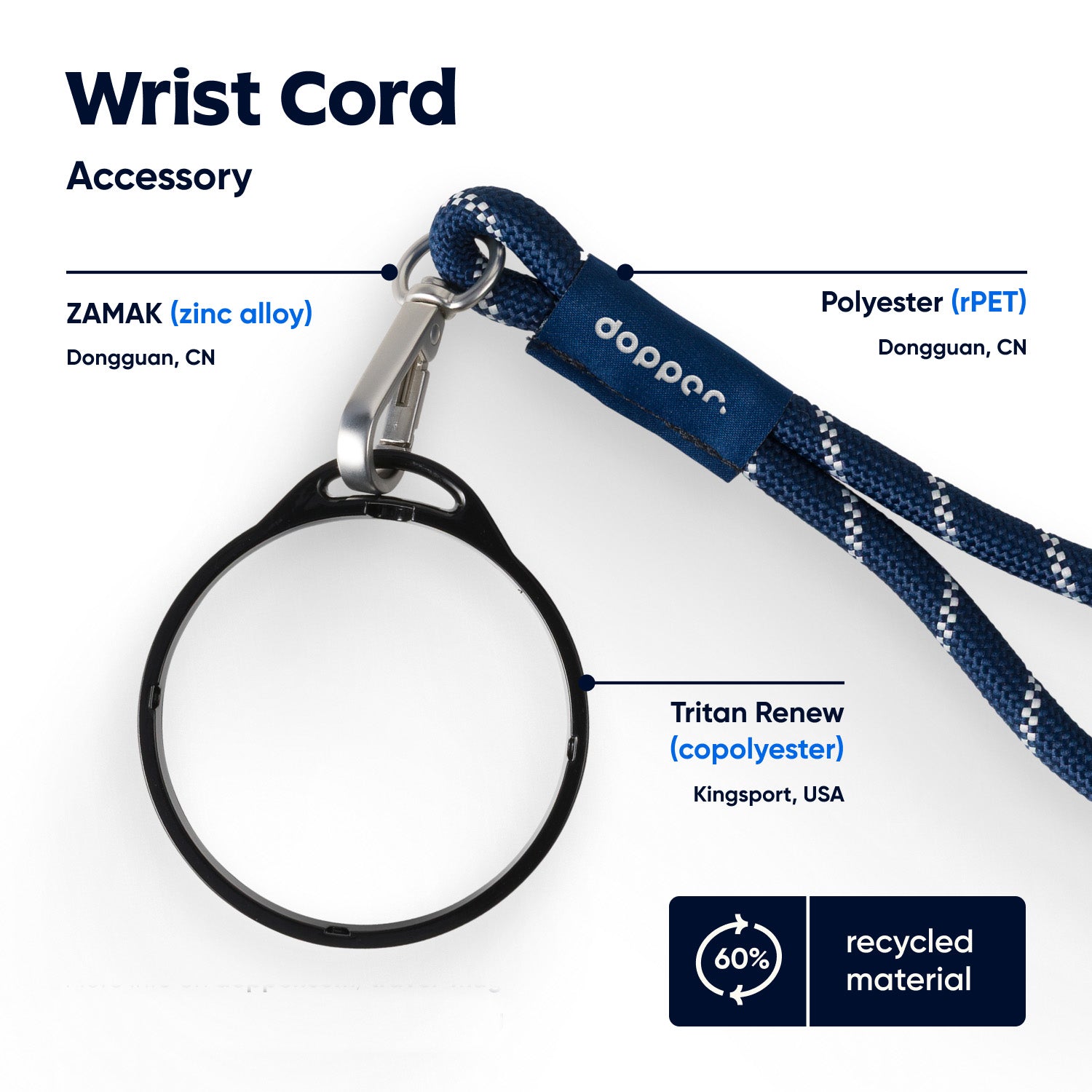 Dopper Wrist Cord for Travel Mug Black & Midnight Silver - bovenaanzicht met vermelding materialen