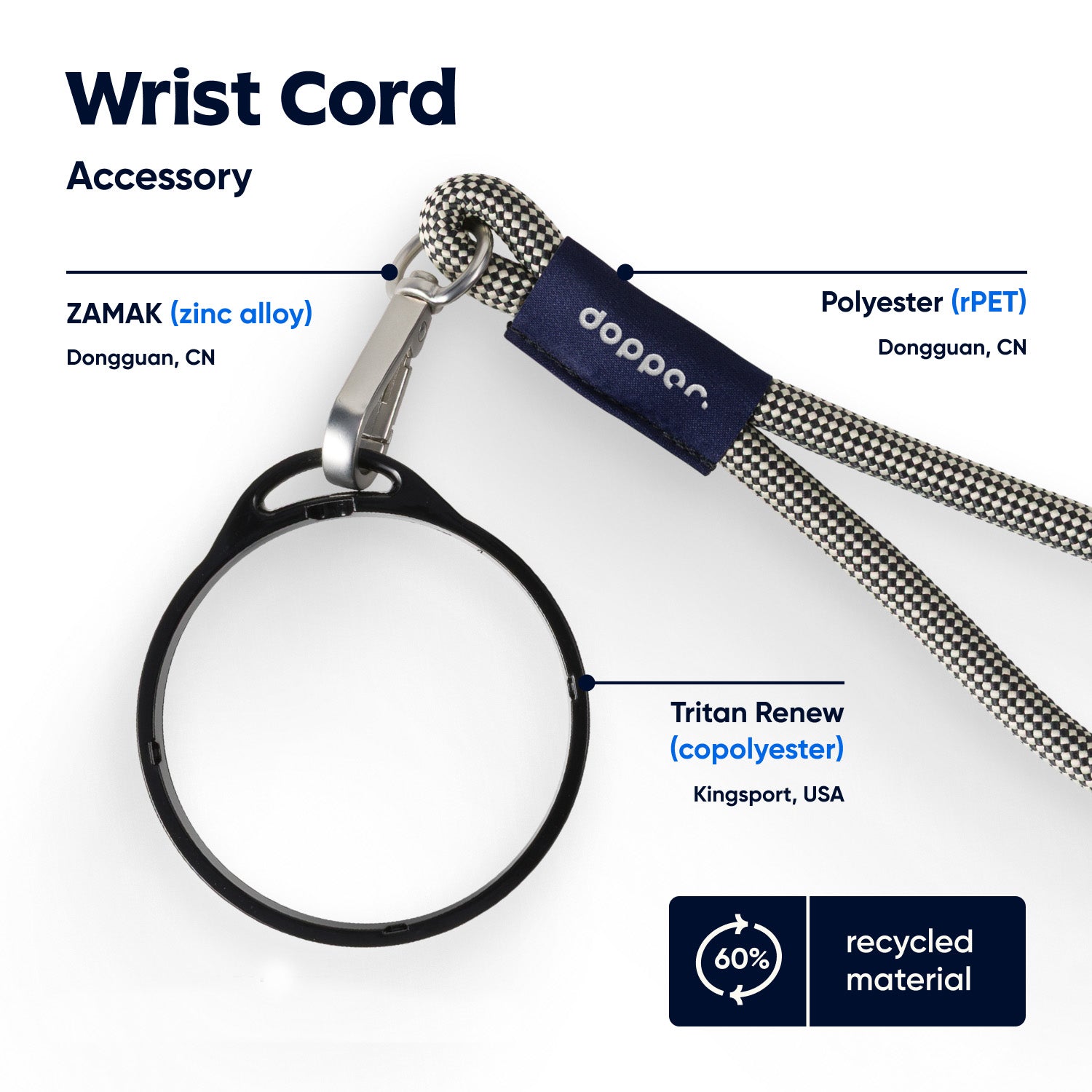 Dopper Wrist Cord for Travel Mug Black & Sandy Black - bovenaanzicht met vermelding materialen