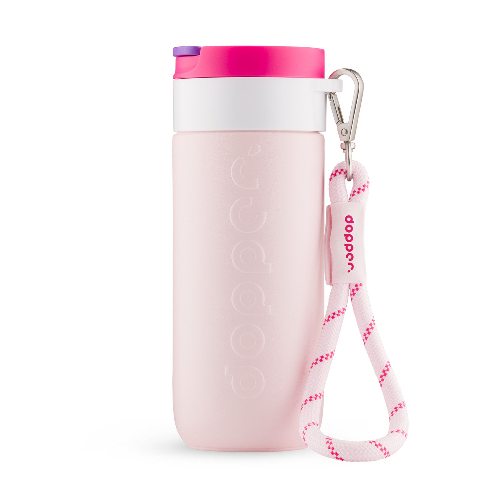 Vooraanzicht Dopper Travel Mug Large 400ml Berry Pink met Wrist Cord in White & Cherry Pink
