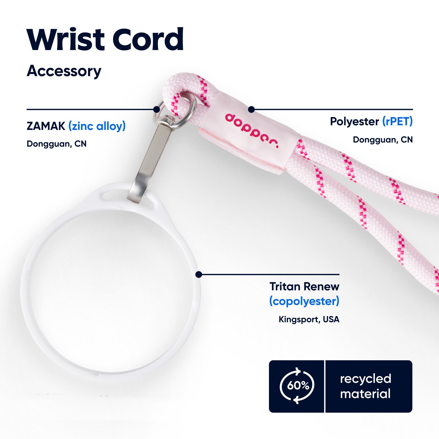 Dopper Wrist Cord for Travel Mug White & Cherry Pink - bovenaanzicht met vermelding eigenschappen