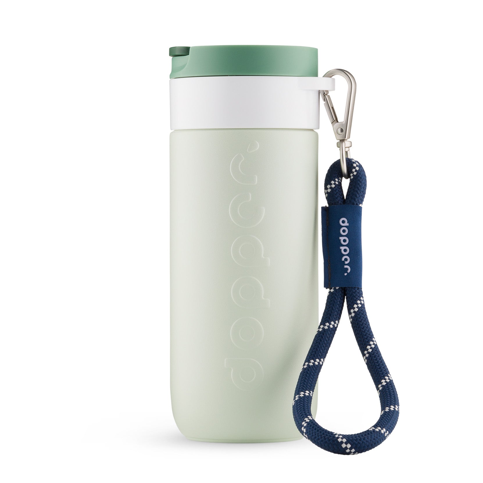Vooraanzicht Dopper Travel Mug Forest Green Large 400ml met Wrist Cord White & Midnight Silver