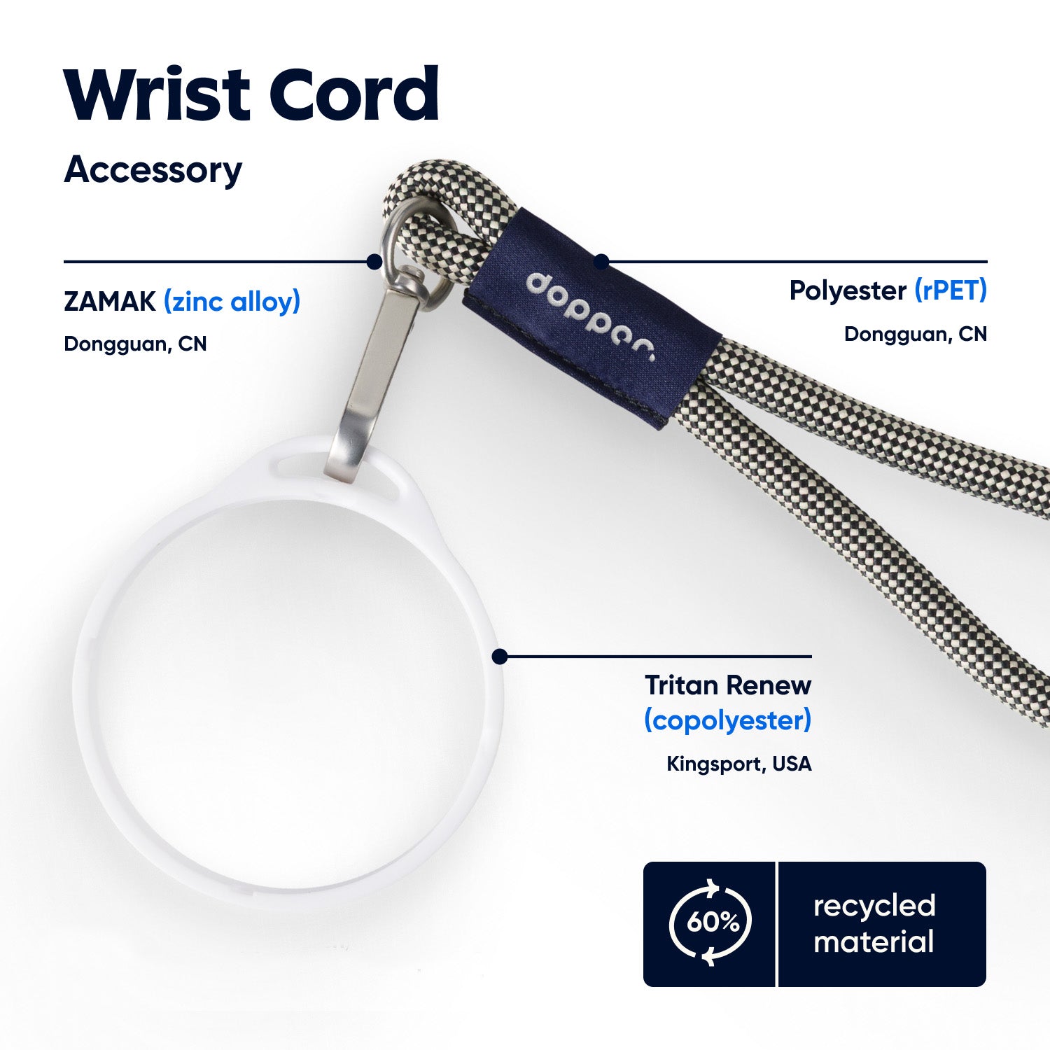 Dopper Travel Mug Wrist Cord White & Sandy Black│bovenaanzicht met vermelding materiaaleigenschappen