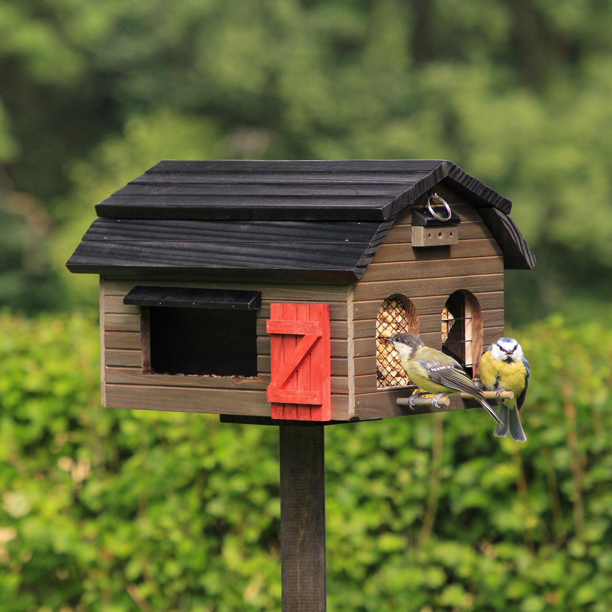 Multifeeder Schuur Bruin│Voederhuis Vogels│Wildlife garden art. WG220│op houten paal met twee koolmeesjes op stokje