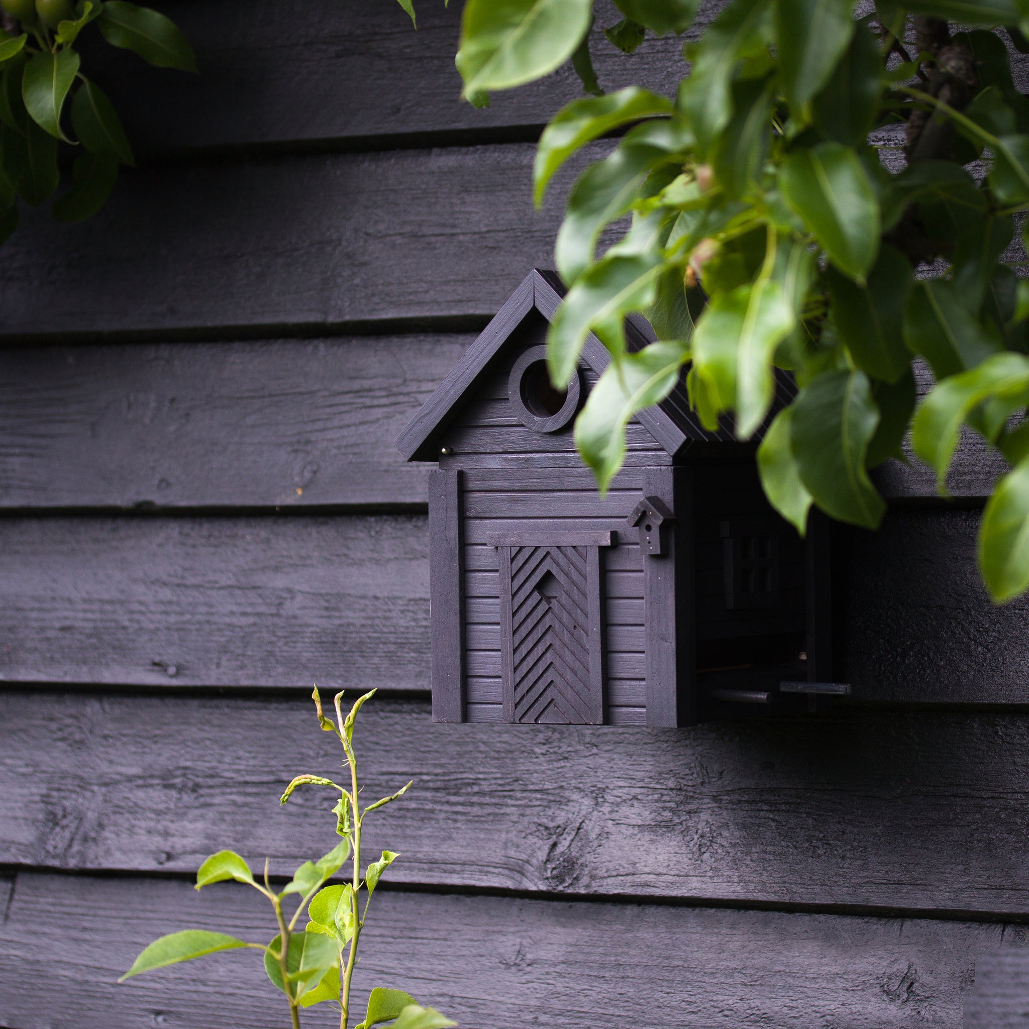 Multiholk Carbon Black Vogelhuis│Wildlife Garden│art. WG1127│zijaanzicht schuin tegen zwart schuurtje