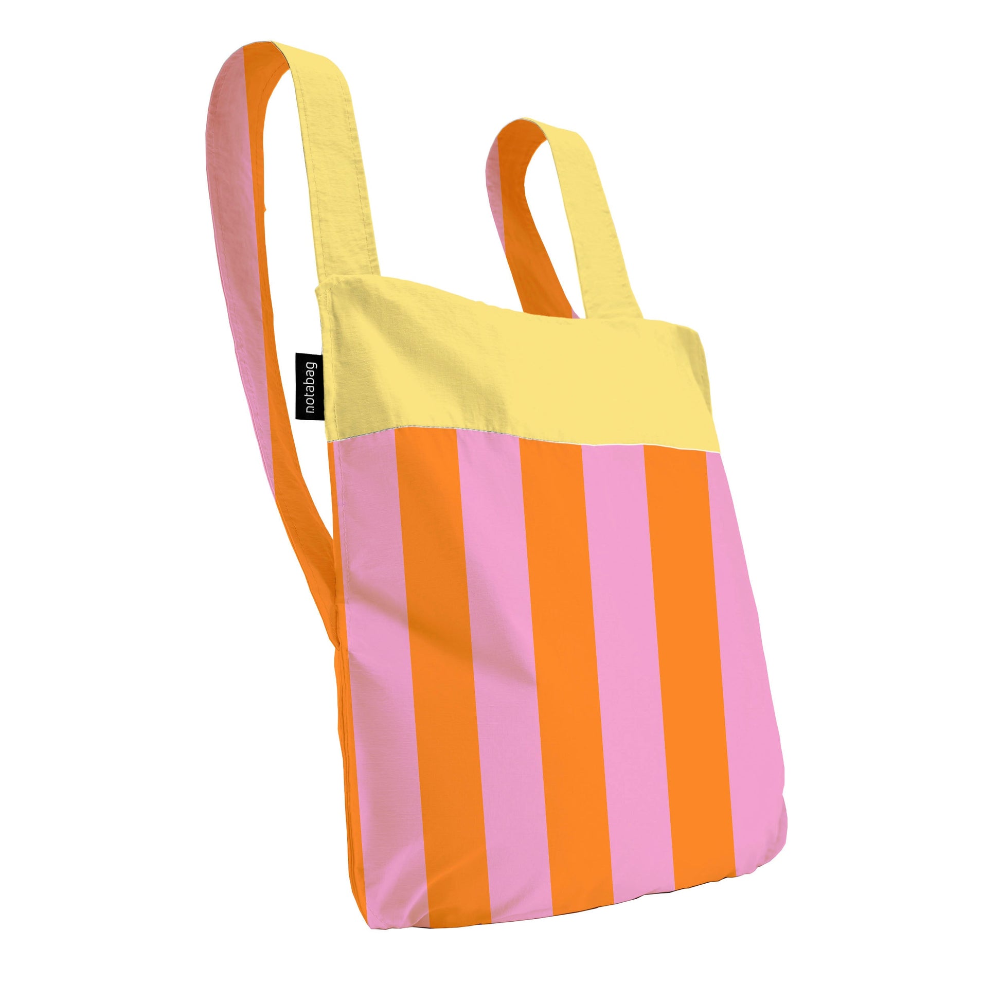 Notabag Vanilla Stripes as a backpack against a white background