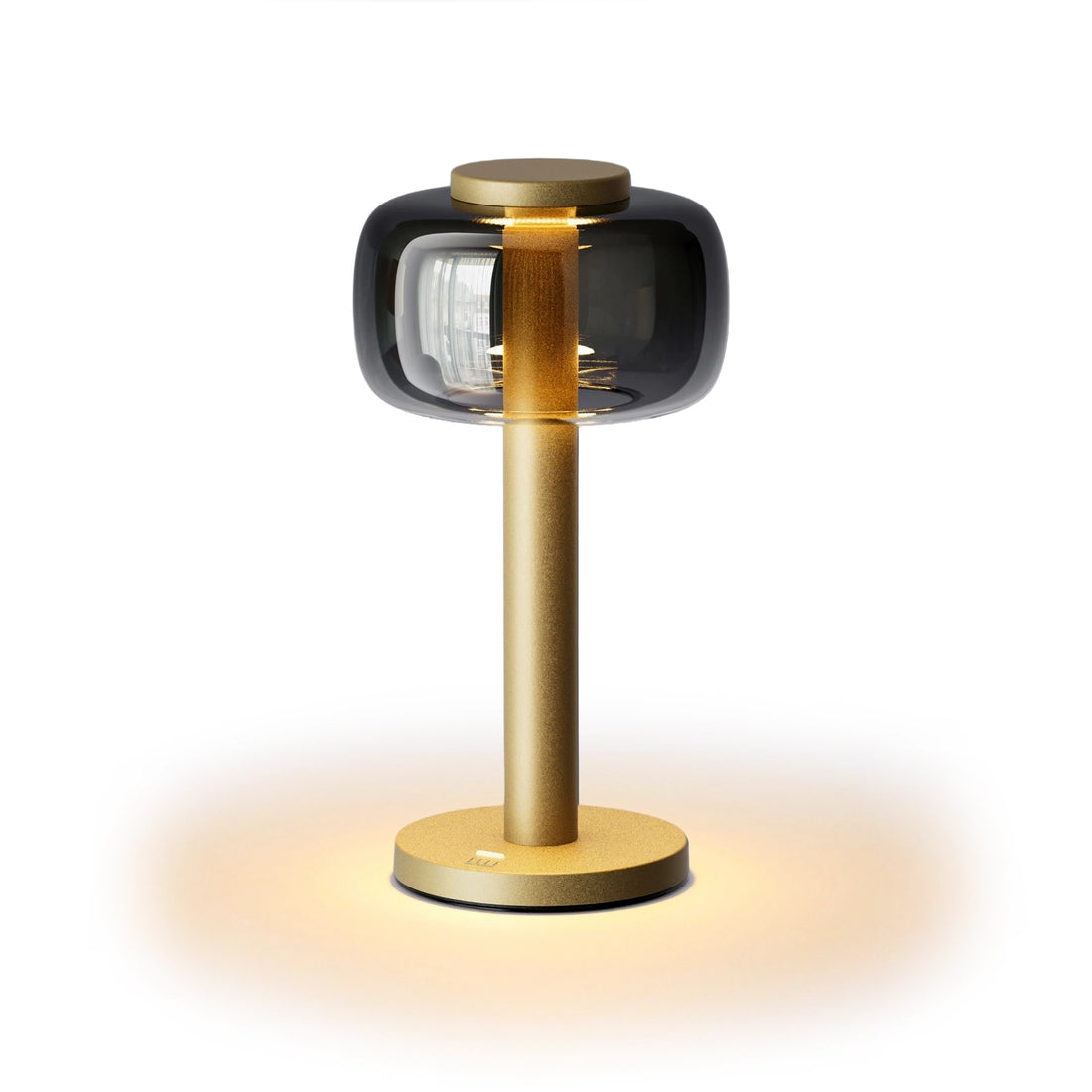 ELLE Decoration Odeon rechargeable table lamp in matt gold, front view on a white background.