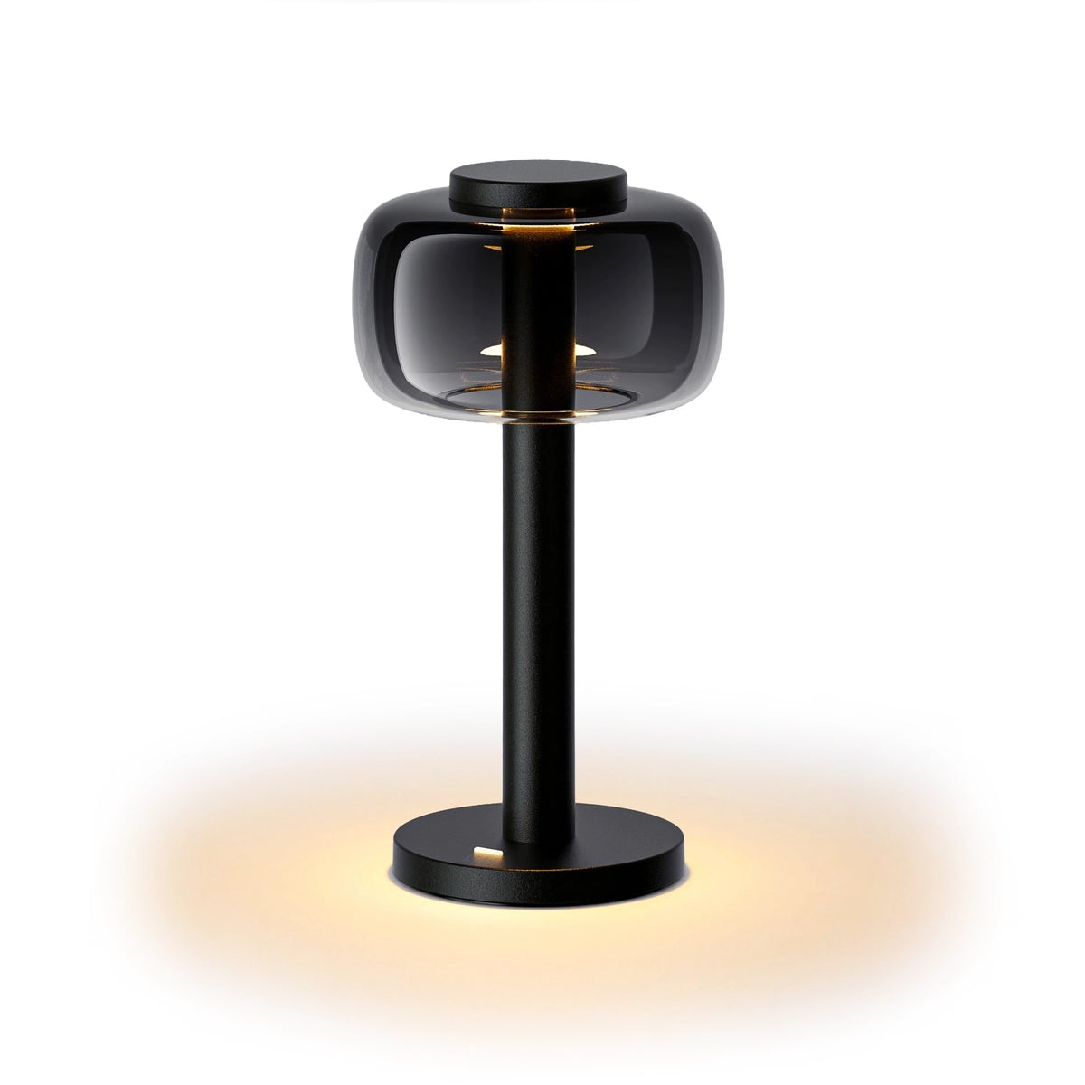 ELLE Decoration Odeon rechargeable table lamp in matt black, front view on a white background.