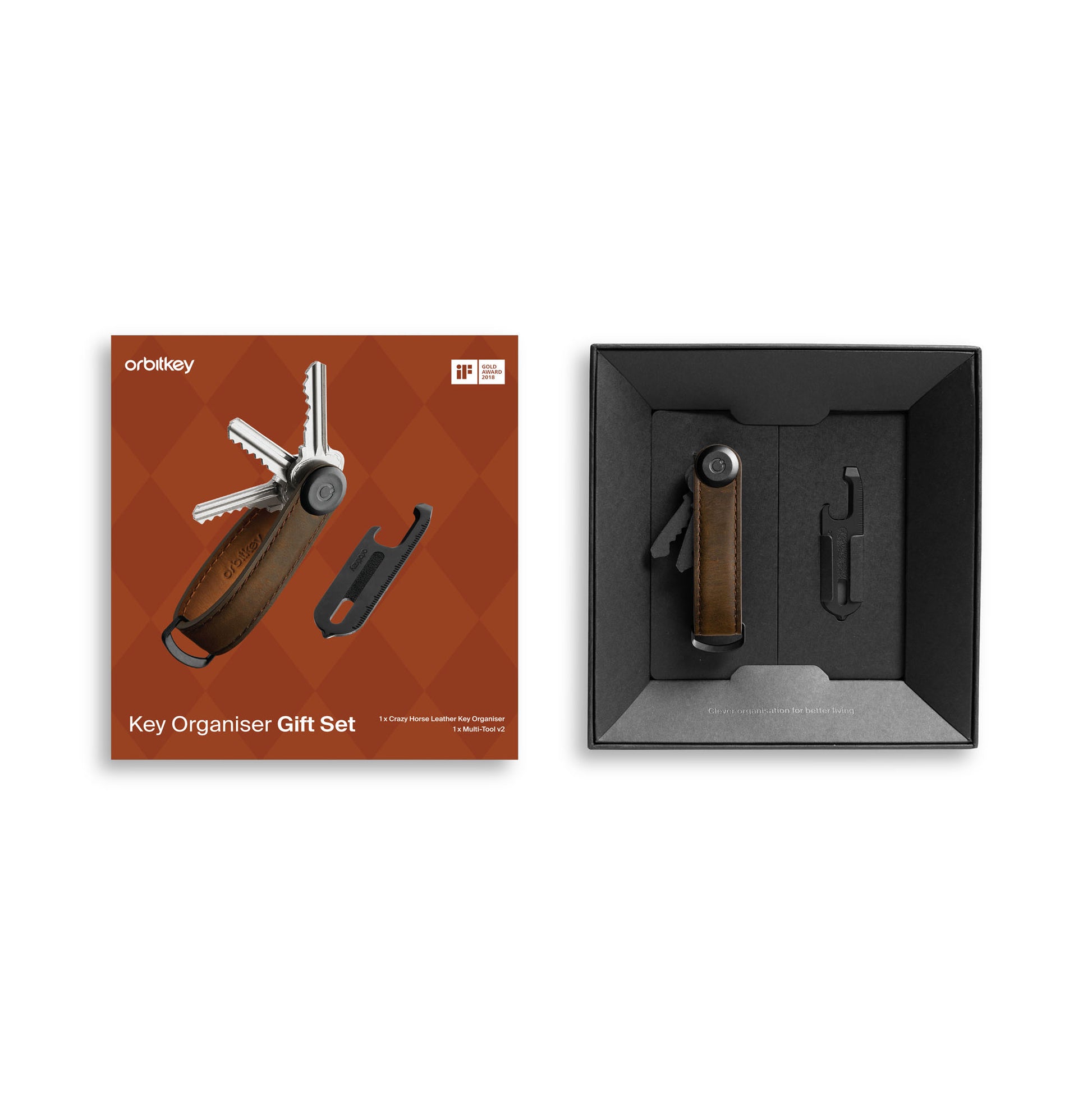 Orbitkey Gift Set Crazy Horse Oak-Brown+Multi-Tool│art. GCH2-OBR-201│bovenaanzicht geopende doos