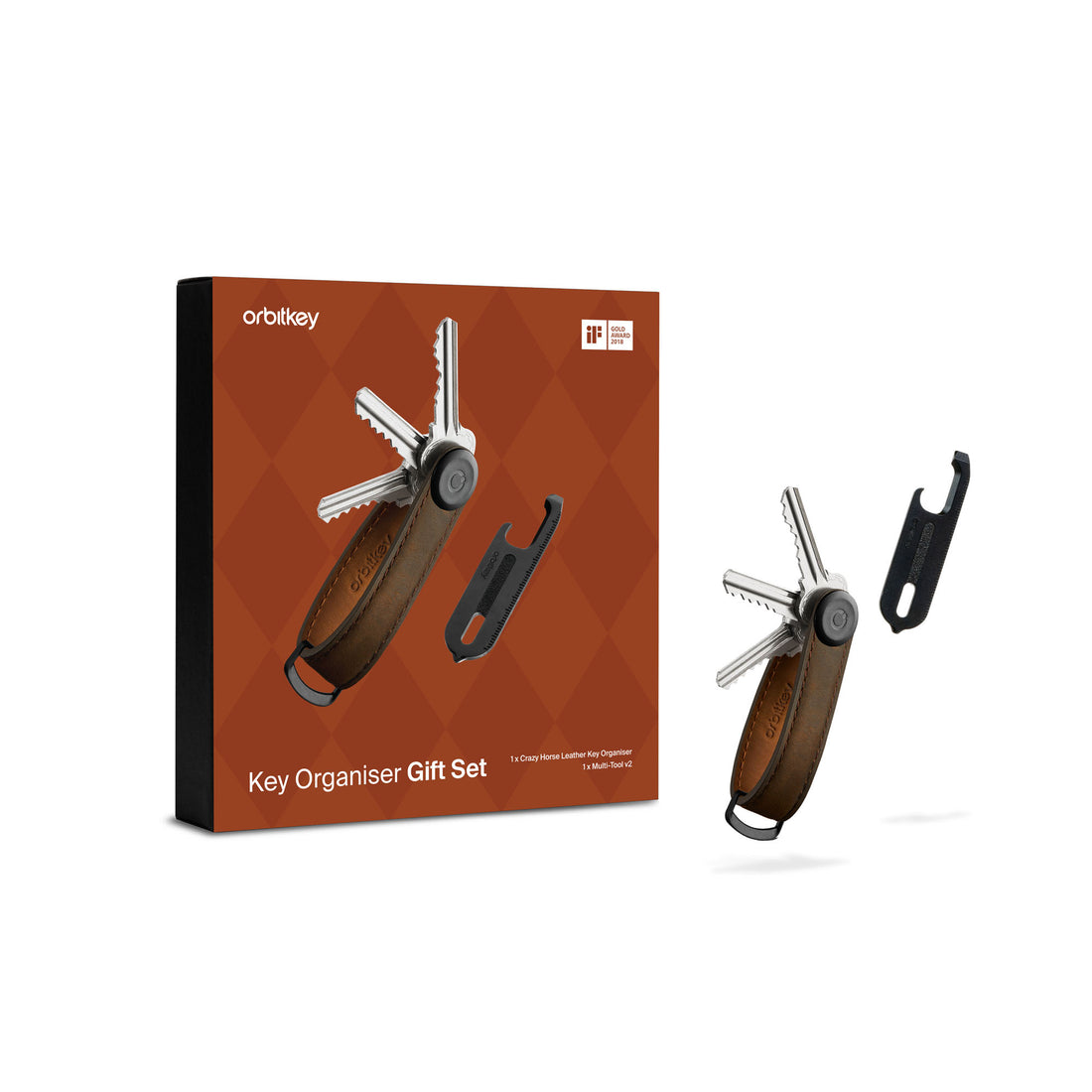 Orbitkey Gift Set Crazy Horse Oak-Brown+Multi-Tool│art. GCH2-OBR-201│inhoud zwevend naast doos