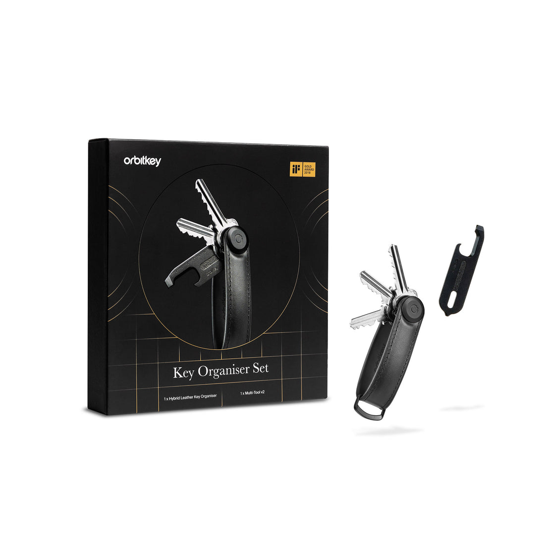 Orbitkey Gift Set Hybrid + Multitool Black│art. GHL3-BLK-201│inhoud naast doos rechtopstaand