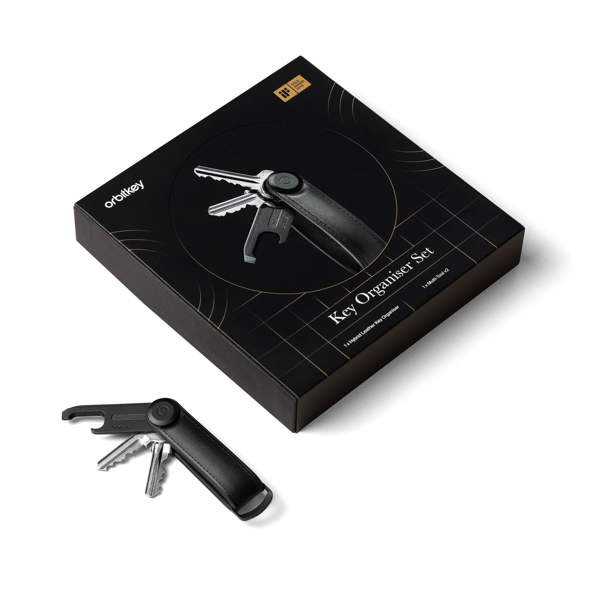 Orbitkey Gift Set Hybrid + Multitool Black│art. GHL3-BLK-201│sleutelhouder opengevouwen naast doos