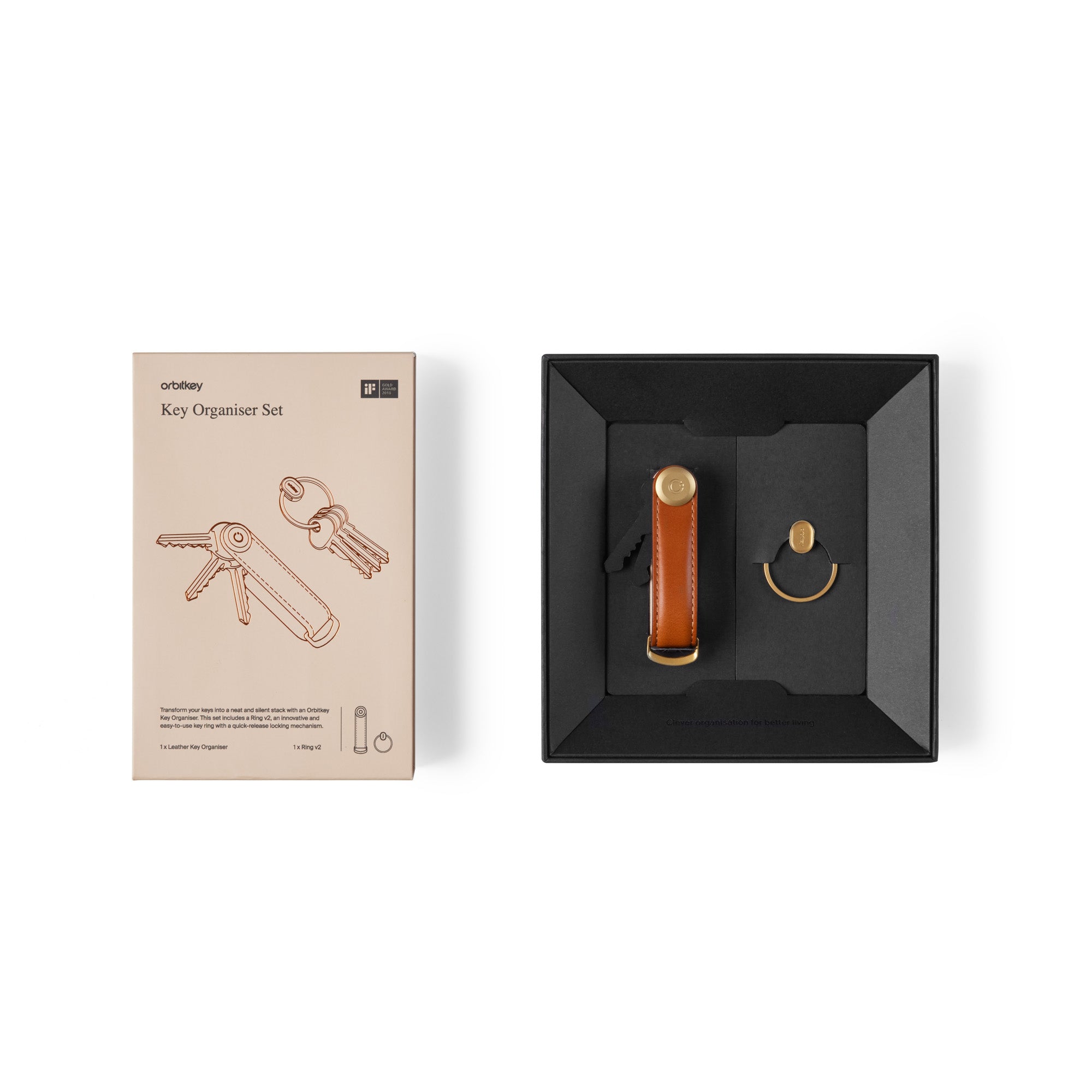 Orbitkey Gift Set Key Organiser Cognac-Tan+Ring V2 Gold│art. GLT2-CGT-201│verpakking geopend