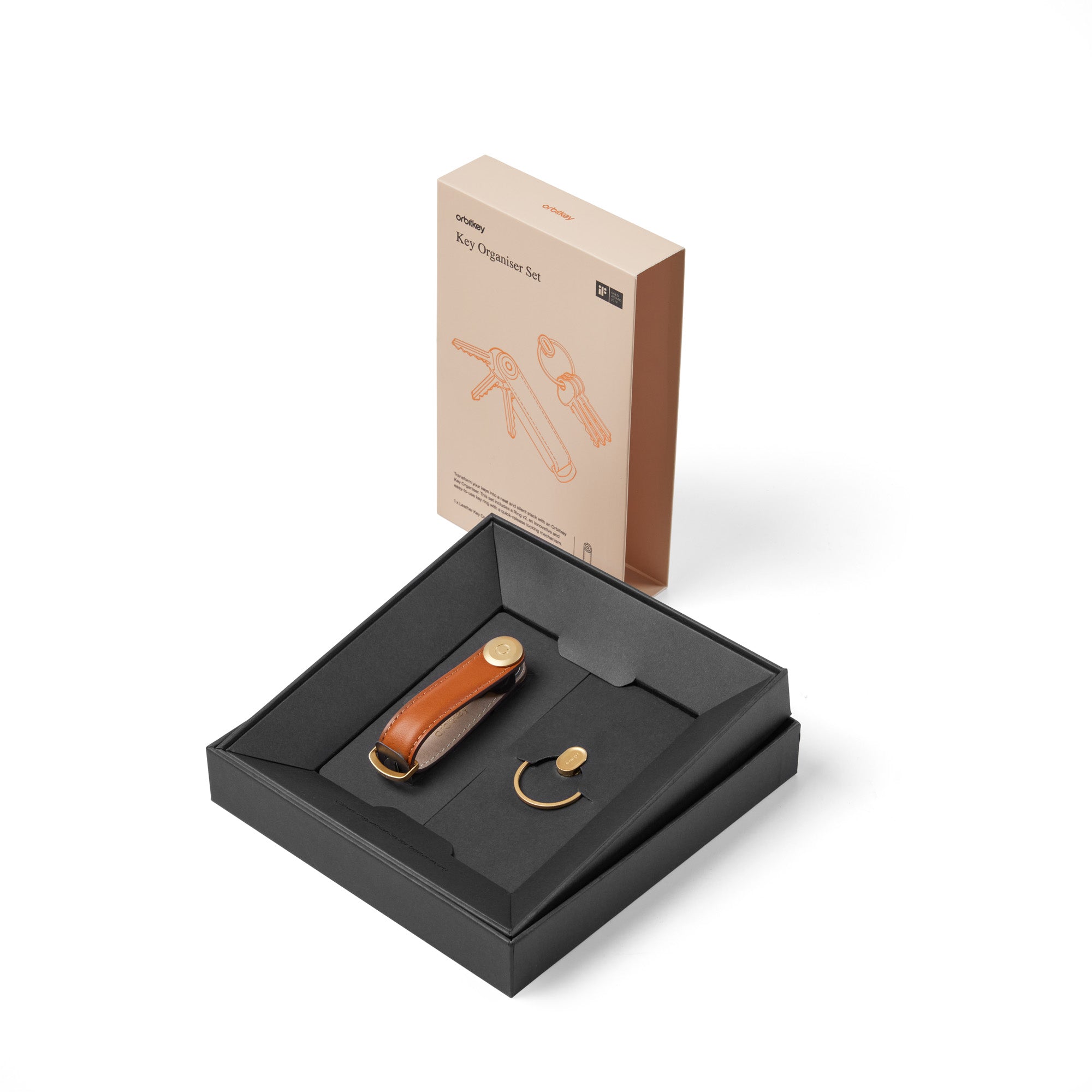 Orbitkey Gift Set Key Organiser Cognac-Tan+Ring V2 Gold│art. GLT2-CGT-201│verpakking geopend met huls rechtop staand