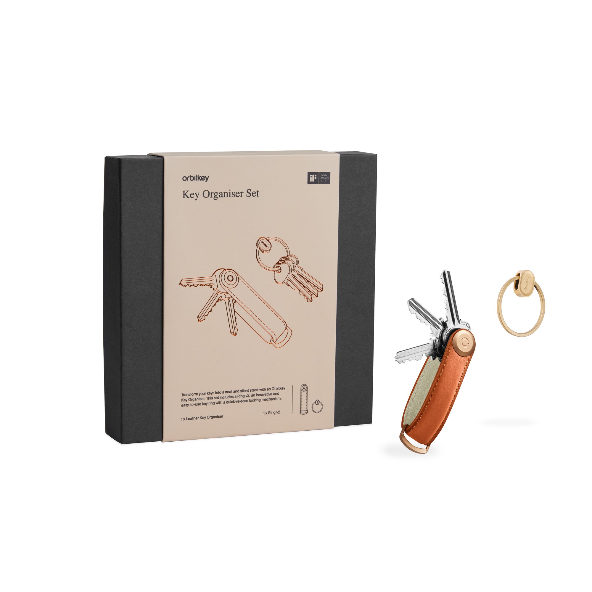 Orbitkey Gift Set Key Organiser Cognac-Tan+Ring V2 Gold│art. GLT2-CGT-201│naast verpakking