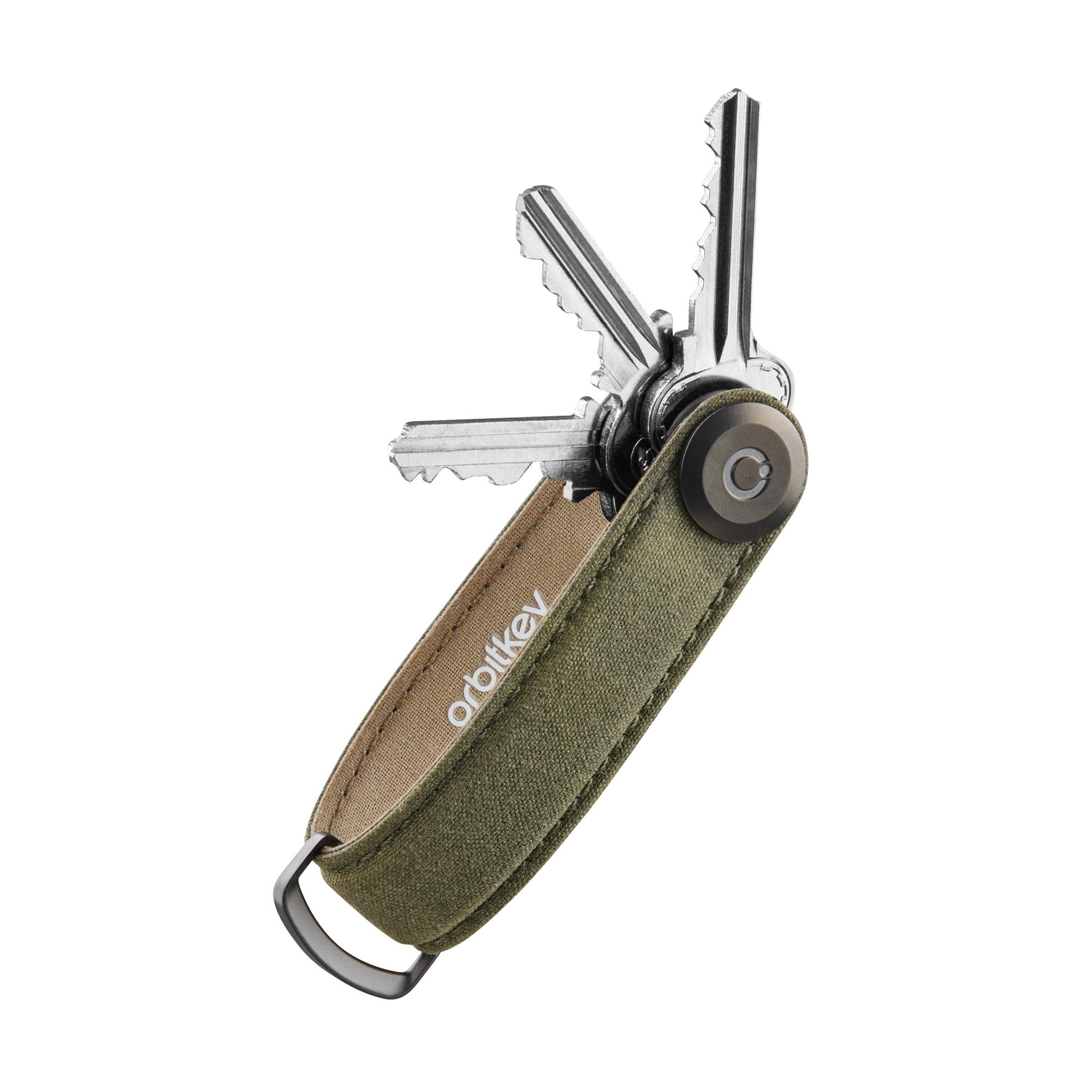Orbitkey Waxed Canvas Sleutelhouder Khaki Green│art. KWC2-KGN-107│zijaanzicht met uitgevouwen sleutels