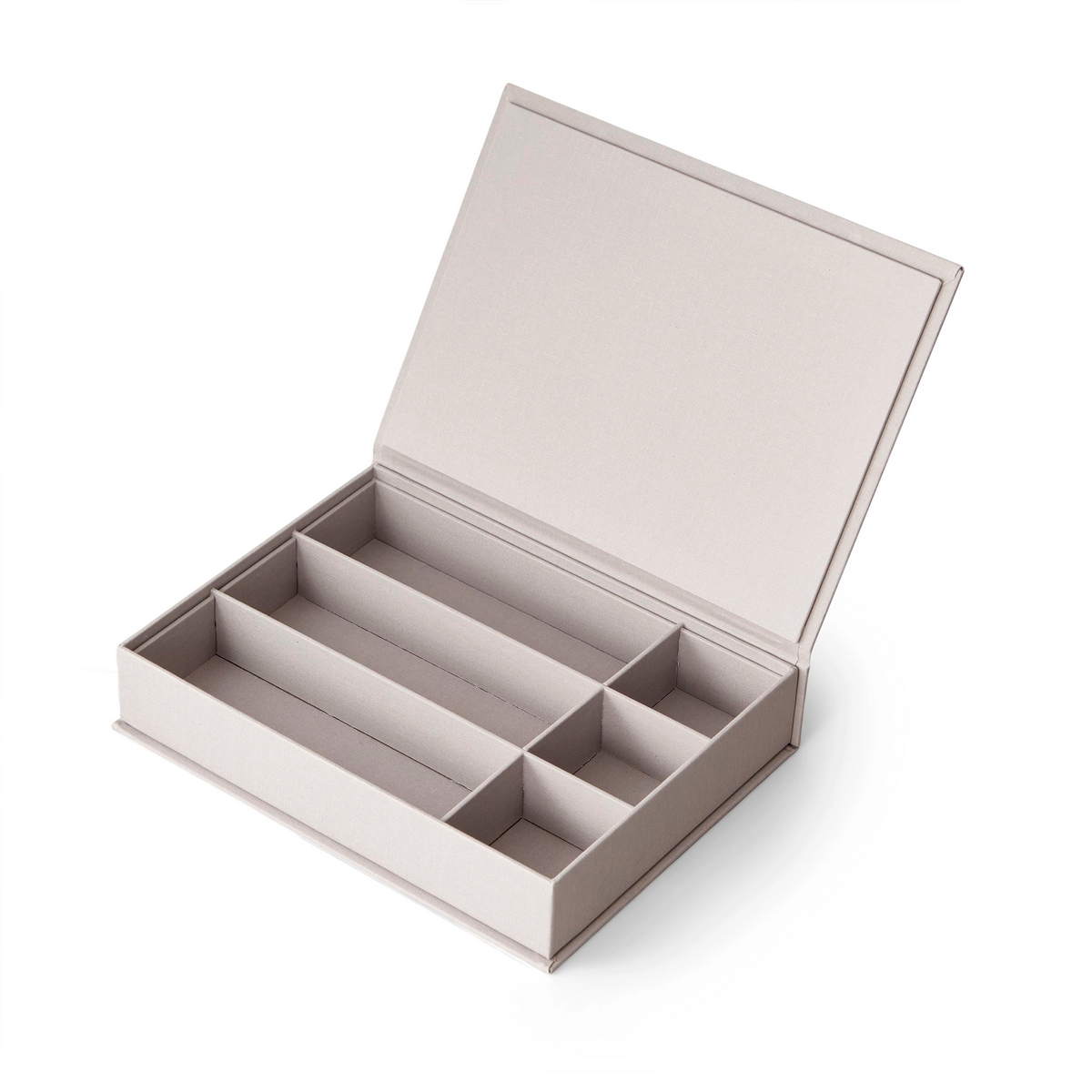 Grey Precious Things jewellery box open, showing the six compartments