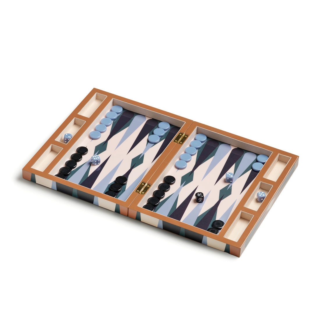 Backgammon Lacquered Bordspel│Printworks│art. PW00722│geopend met stukken en witte achtergrond