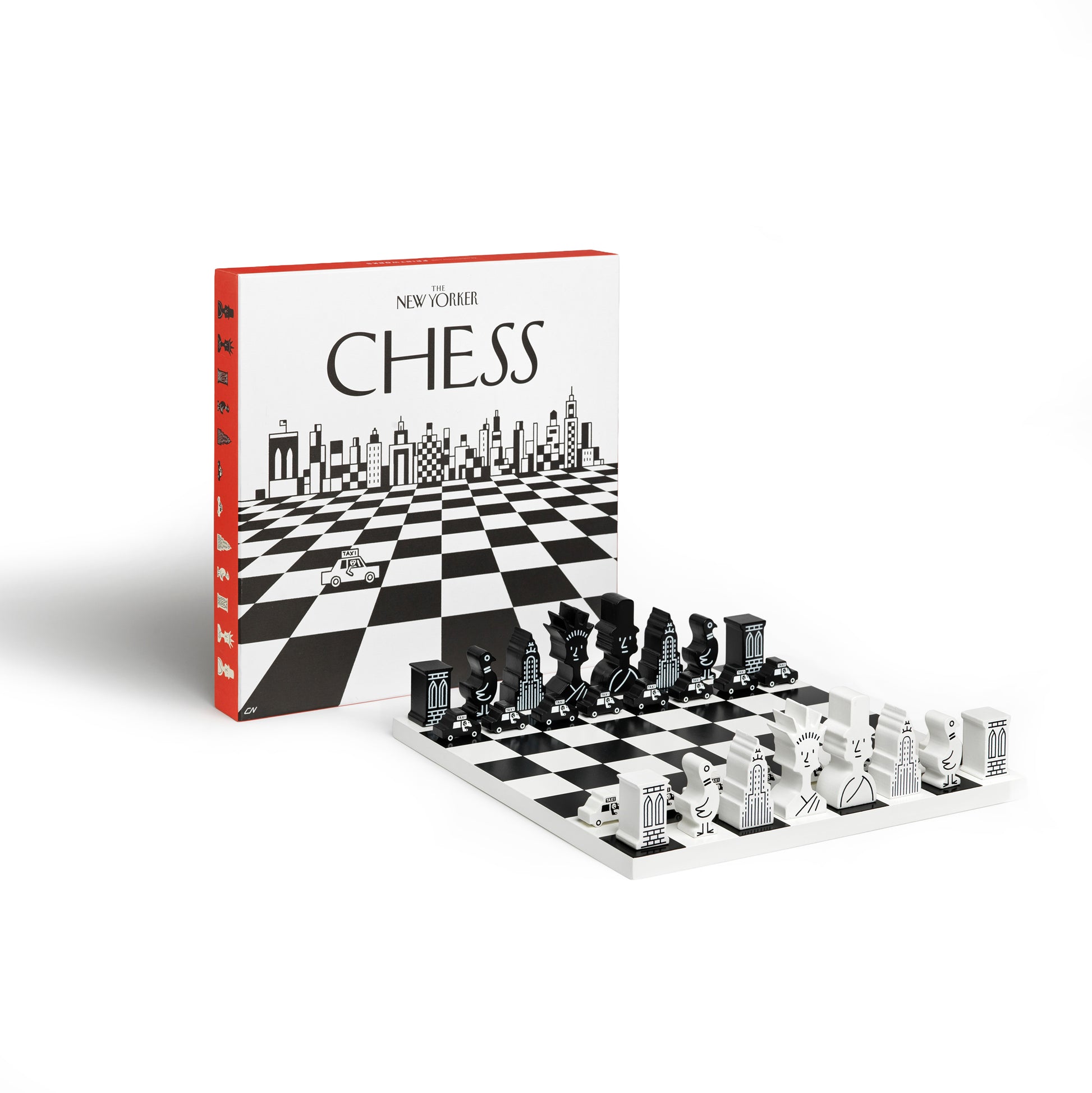 Schaakspel Chess NYC│The New Yorker x Printworks│art. PW00720│vooranzicht schuin met verpakking en witte achtergrond
