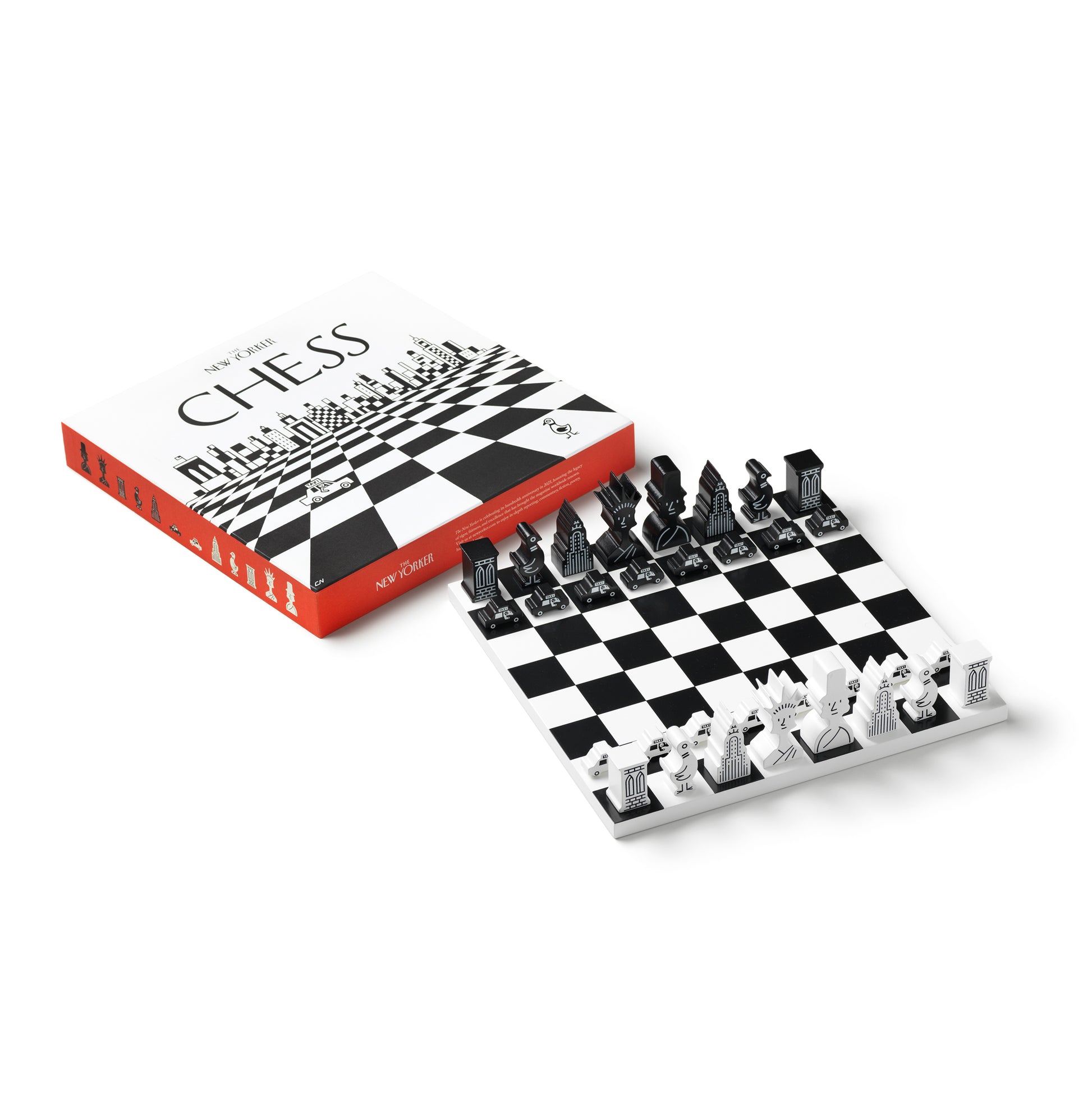 Schaakspel Chess NYC│The New Yorker x Printworks│art. PW00720│bovenaanzicht schuin met verpakking en witte achtergrond